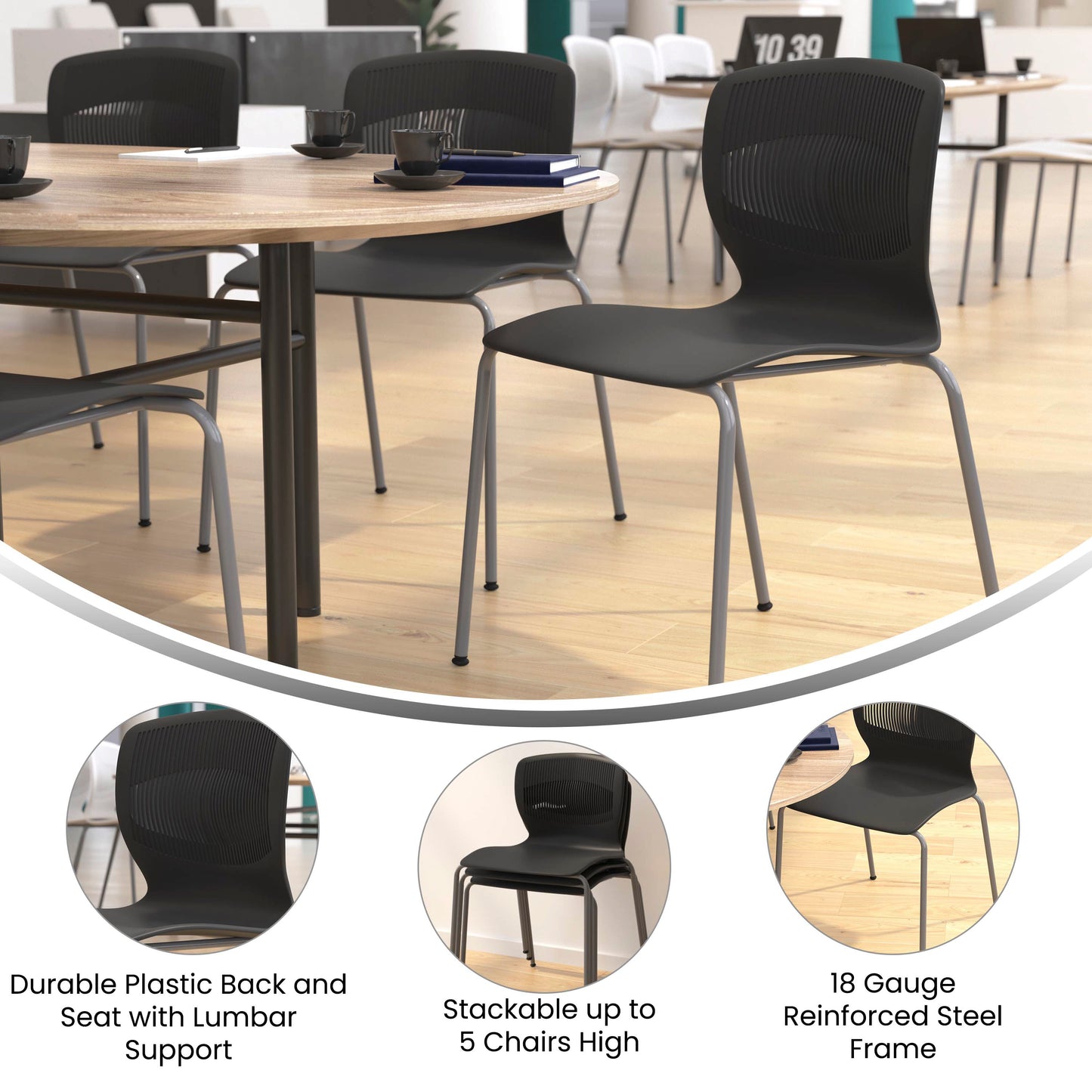 HERCULES Series Commercial Grade 770 lb. Capacity Ergonomic Stack Chair with Lumbar Support and Silver Steel Frame - Black Black
