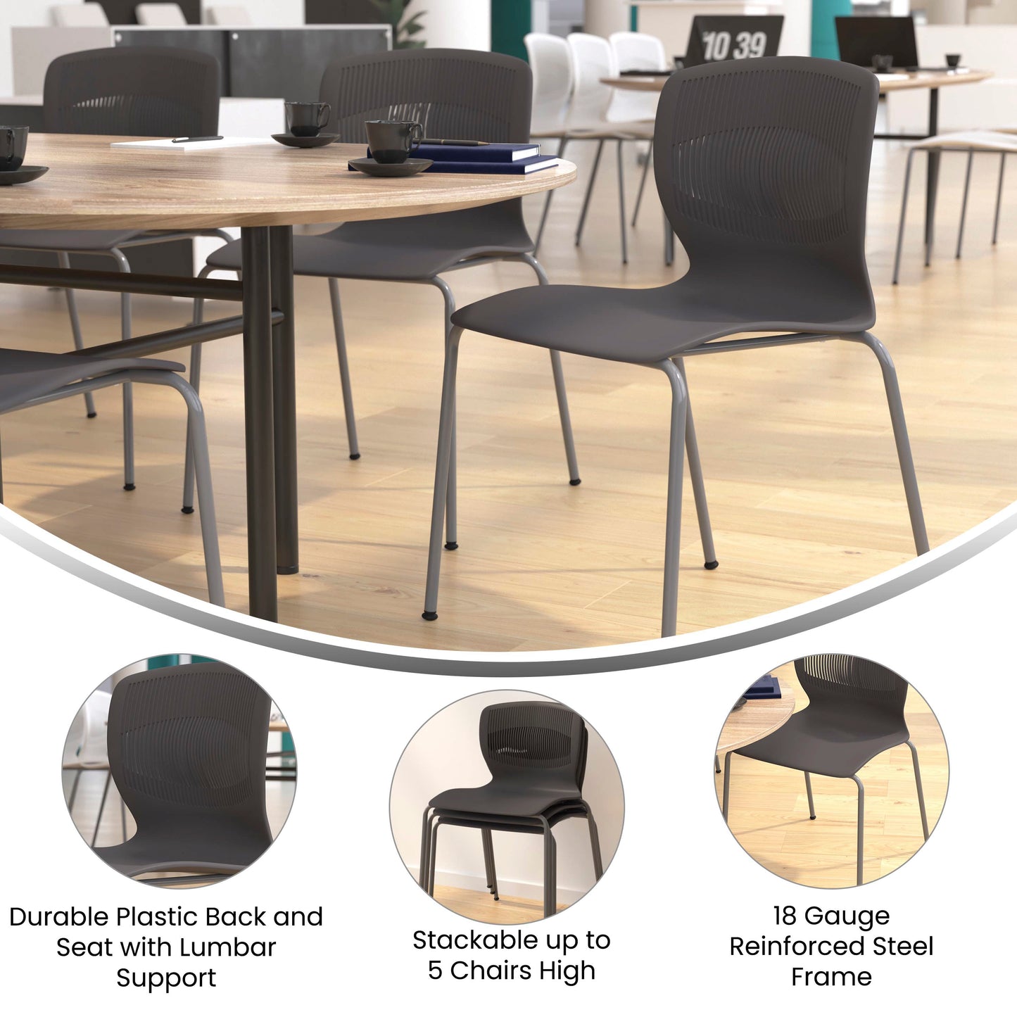 HERCULES Series Commercial Grade 770 lb. Capacity Ergonomic Stack Chair with Lumbar Support and Silver Steel Frame - Gray Gray