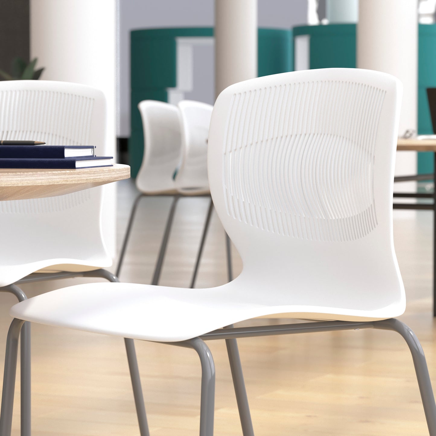 HERCULES Series Commercial Grade 770 lb. Capacity Ergonomic Stack Chair with Lumbar Support and Silver Steel Frame - White White