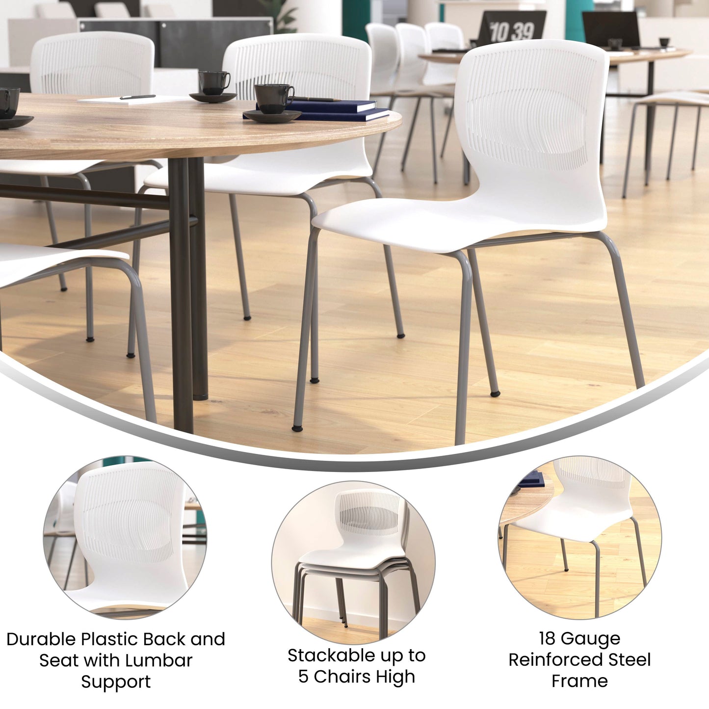 HERCULES Series Commercial Grade 770 lb. Capacity Ergonomic Stack Chair with Lumbar Support and Silver Steel Frame - White White