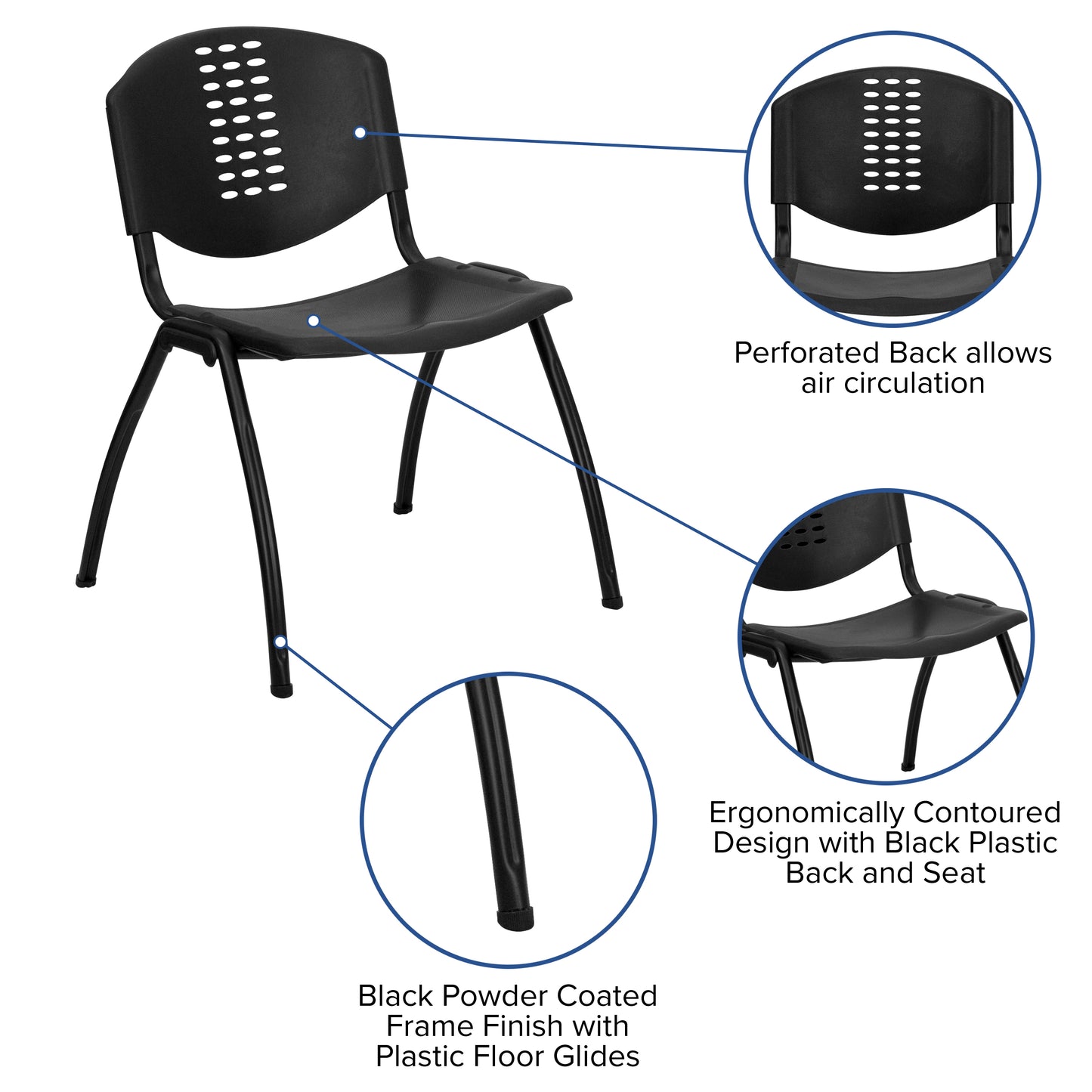 HERCULES Series 880 lb. Capacity Black Plastic Stack Chair with Oval Cutout Back and Black Frame Black