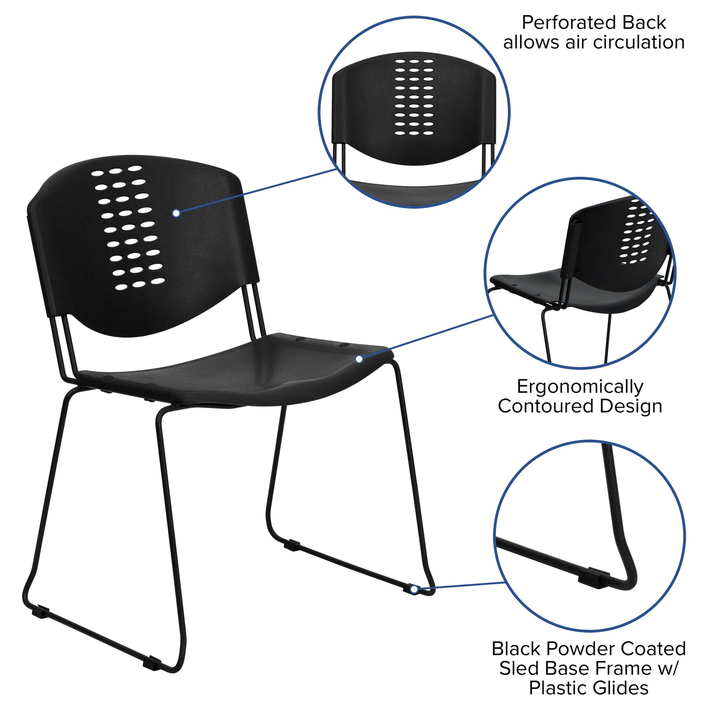 HERCULES Series 400 lb. Capacity Black Plastic Stack Chair with Black Frame Black