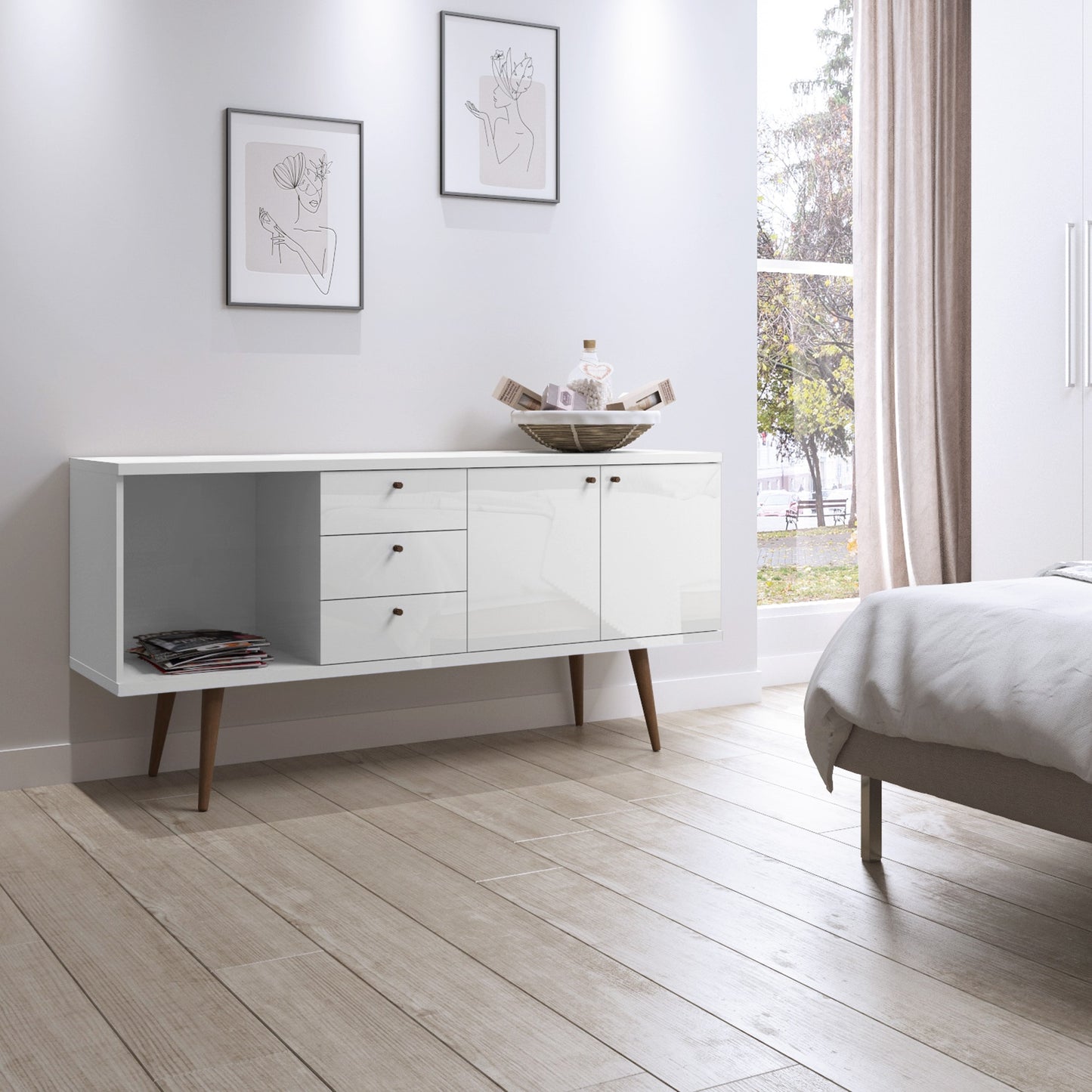 Manhattan Comfort Utopia Wide Dresser in White Gloss and Maple Cream S-1010451
