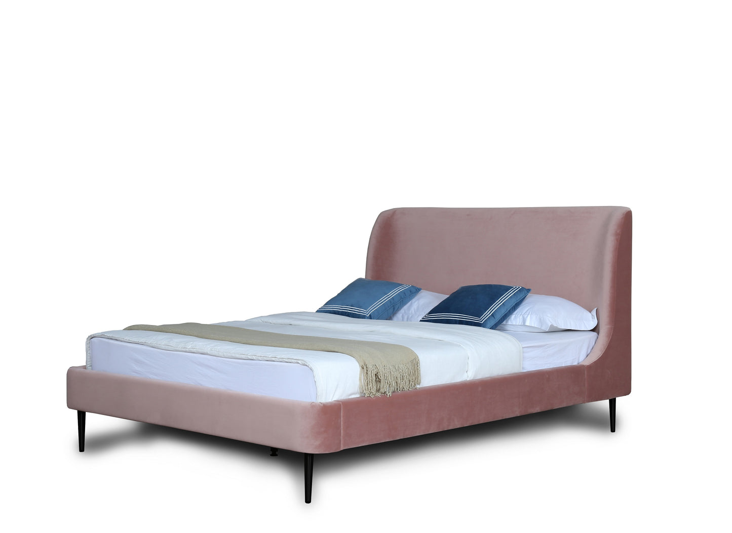 Heather Mid-Century Modern Upholstered Velvet Bed with Tapered Wood Legs and Headboard
