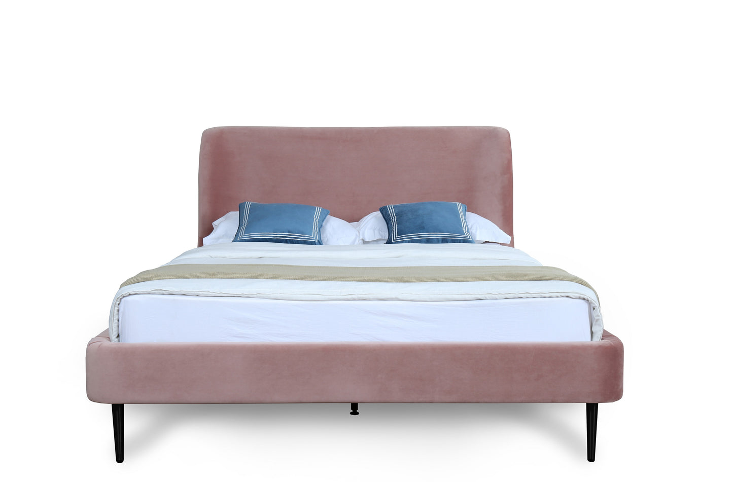 Heather Mid-Century Modern Upholstered Velvet Bed with Tapered Wood Legs and Headboard