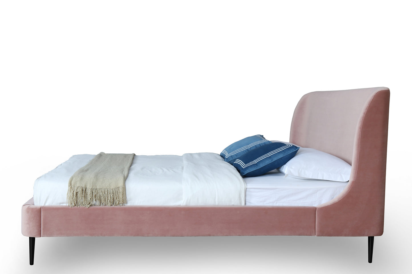 Heather Mid-Century Modern Upholstered Velvet Bed with Tapered Wood Legs and Headboard