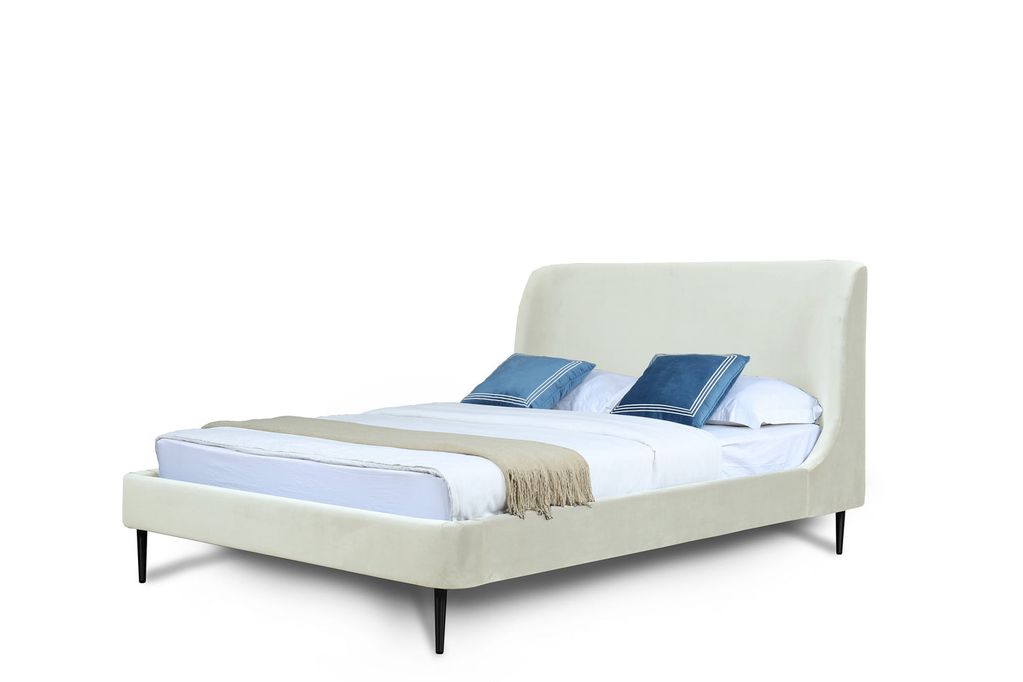 Heather Mid-Century Modern Upholstered Velvet Bed with Tapered Wood Legs and Headboard