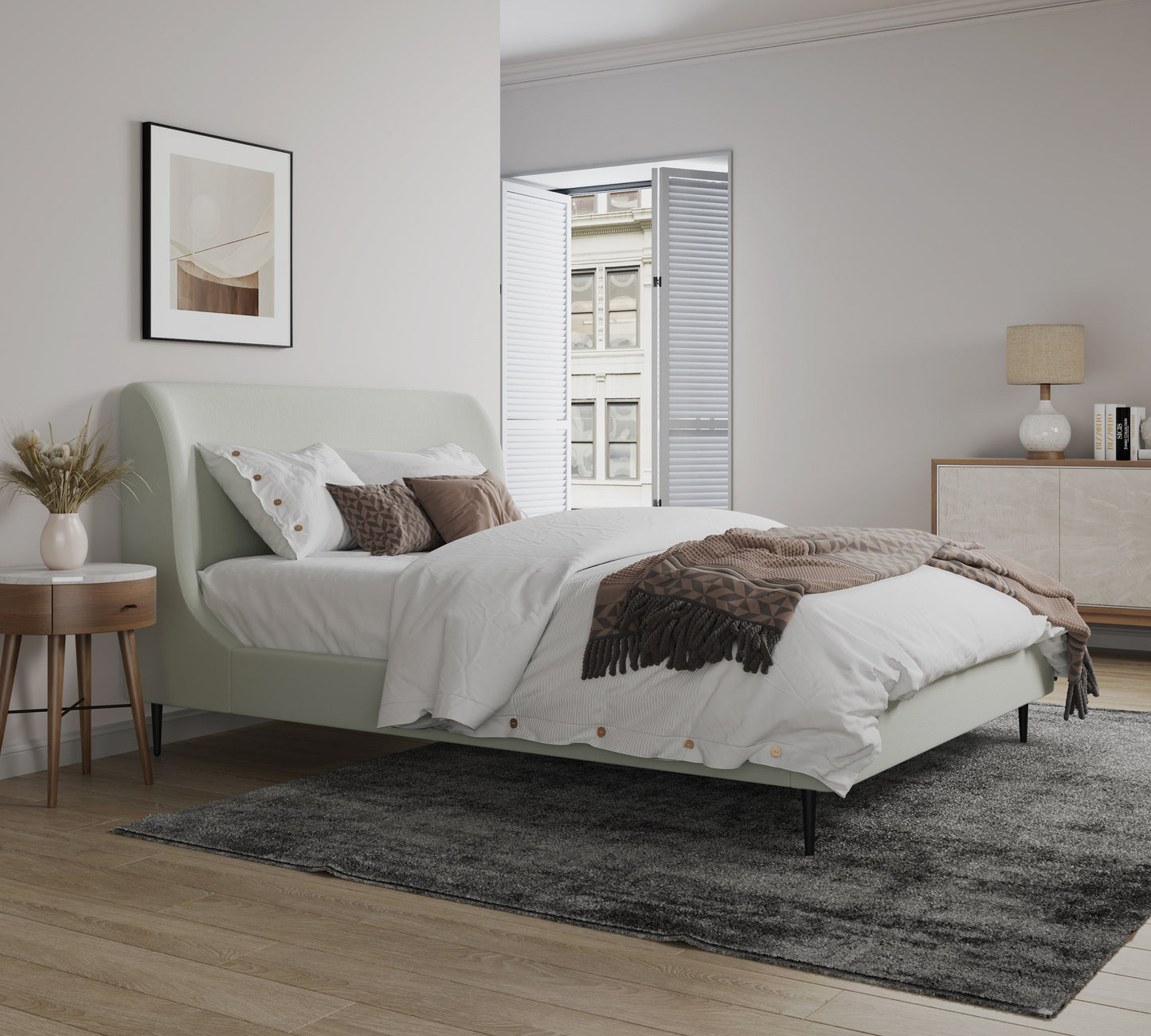 Heather Mid-Century Modern Upholstered Velvet Bed with Tapered Wood Legs and Headboard