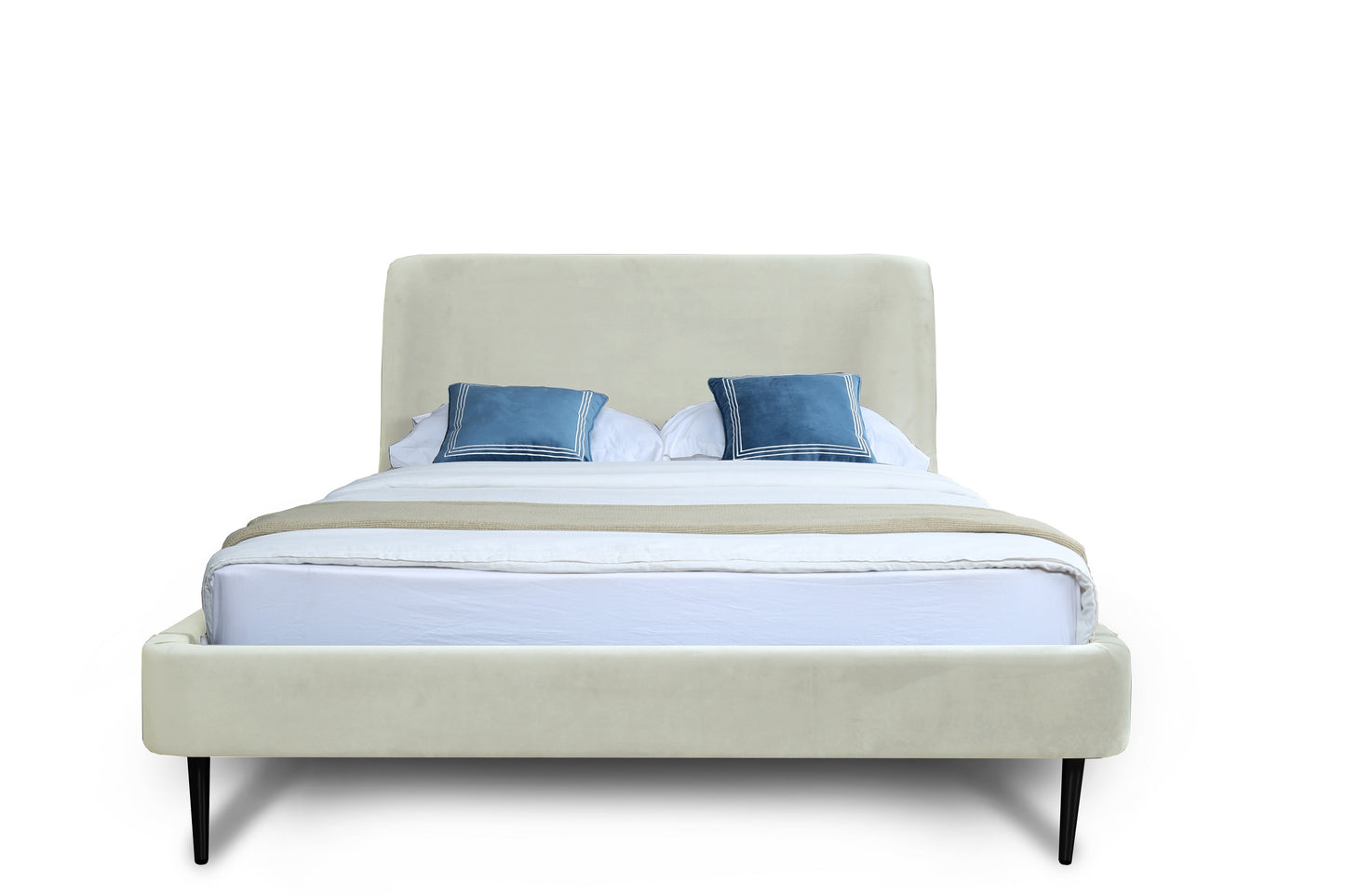 Heather Mid-Century Modern Upholstered Velvet Bed with Tapered Wood Legs and Headboard