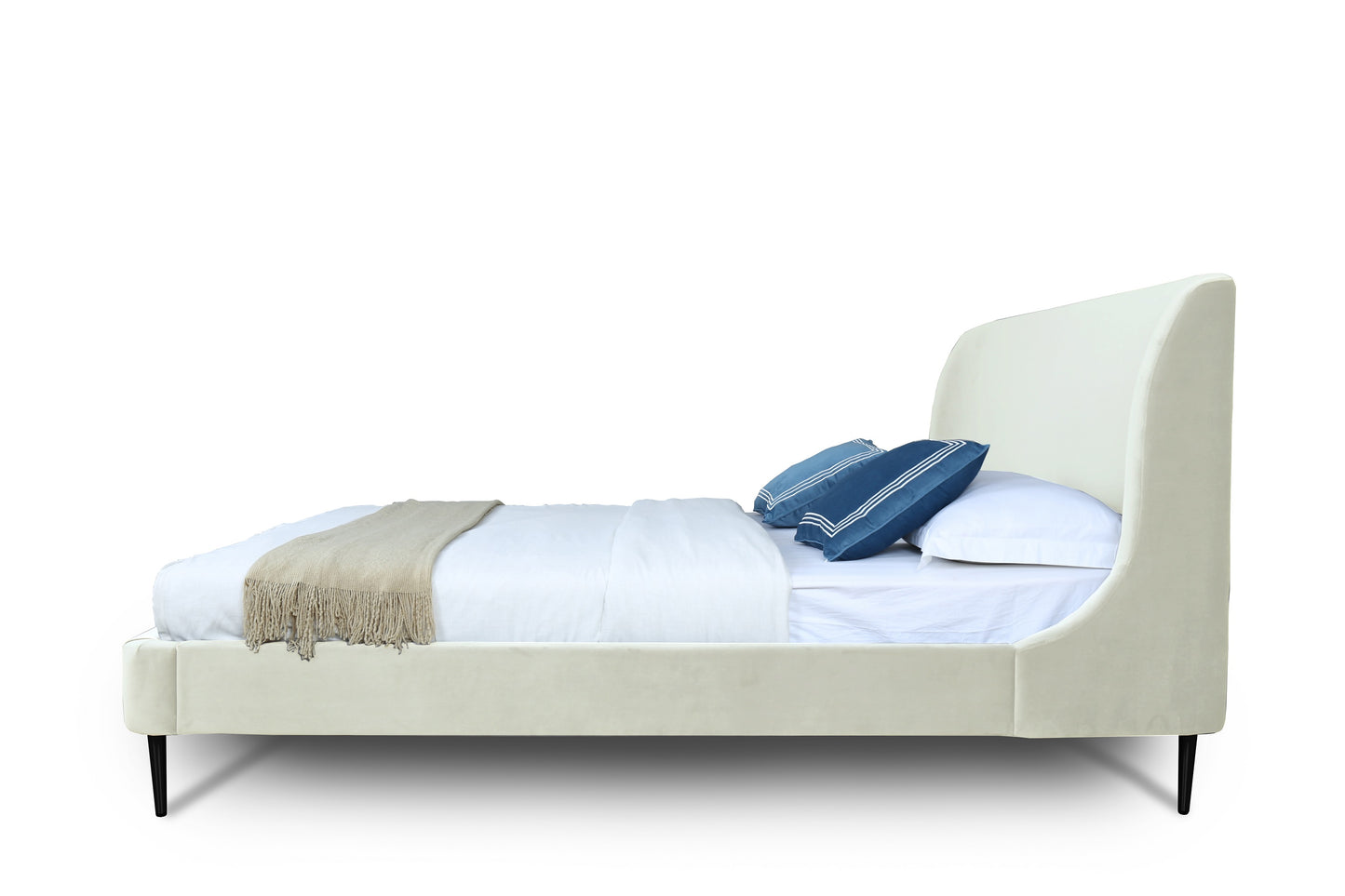 Heather Mid-Century Modern Upholstered Velvet Bed with Tapered Wood Legs and Headboard