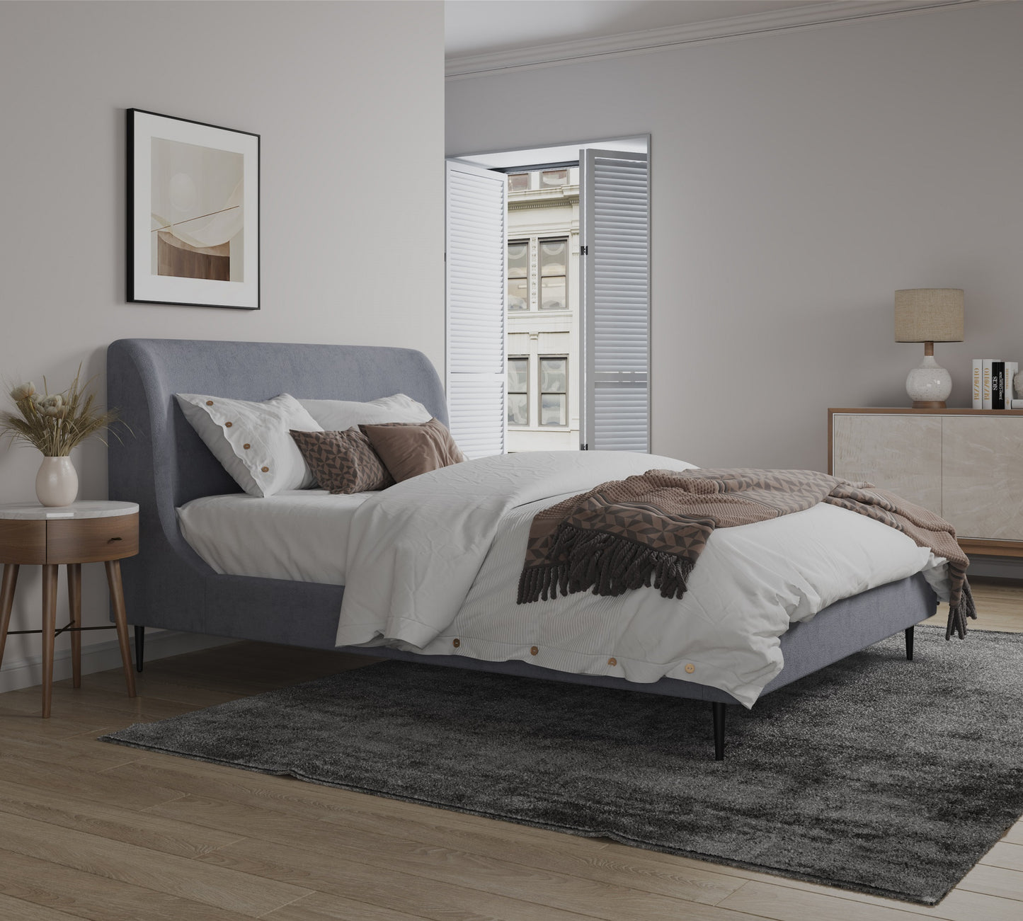 Heather Mid-Century Modern Upholstered Velvet Bed with Tapered Wood Legs and Headboard