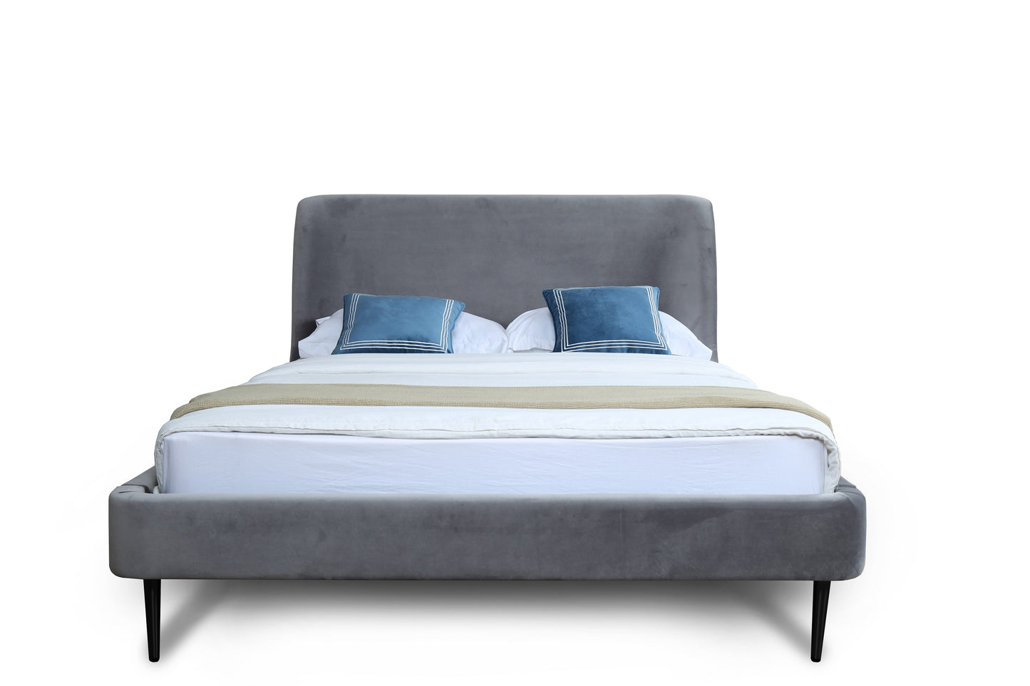 Heather Mid-Century Modern Upholstered Velvet Bed with Tapered Wood Legs and Headboard
