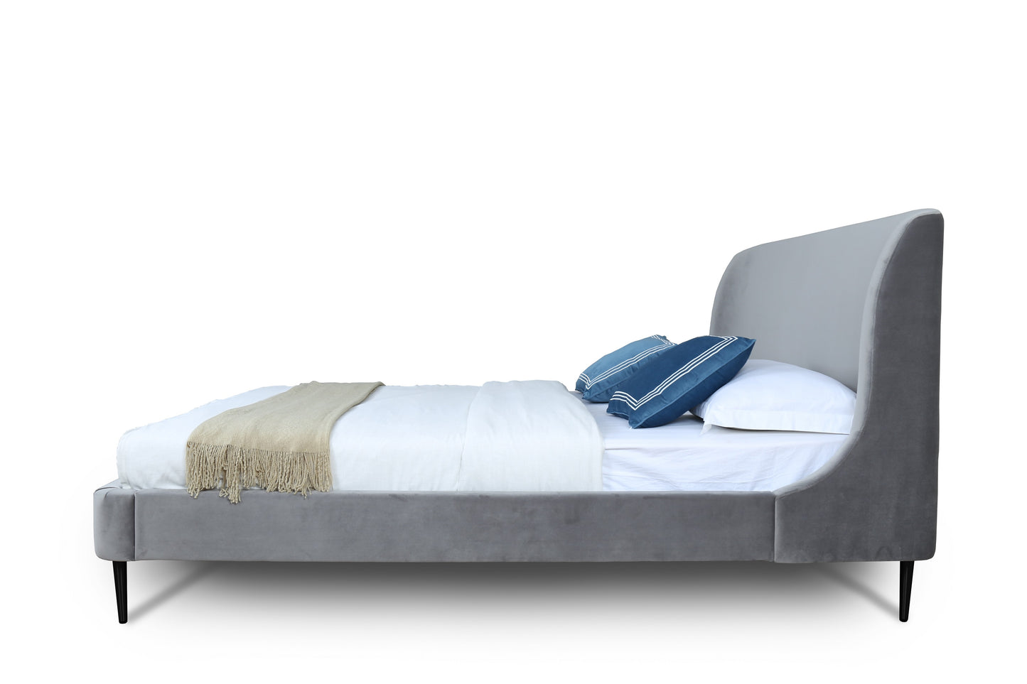 Heather Mid-Century Modern Upholstered Velvet Bed with Tapered Wood Legs and Headboard