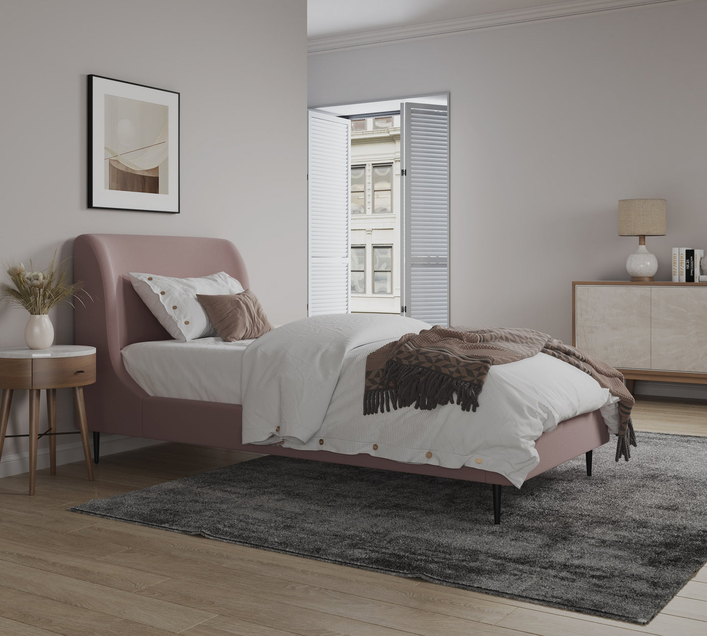 Heather Mid-Century Modern Upholstered Velvet Bed with Tapered Wood Legs and Headboard