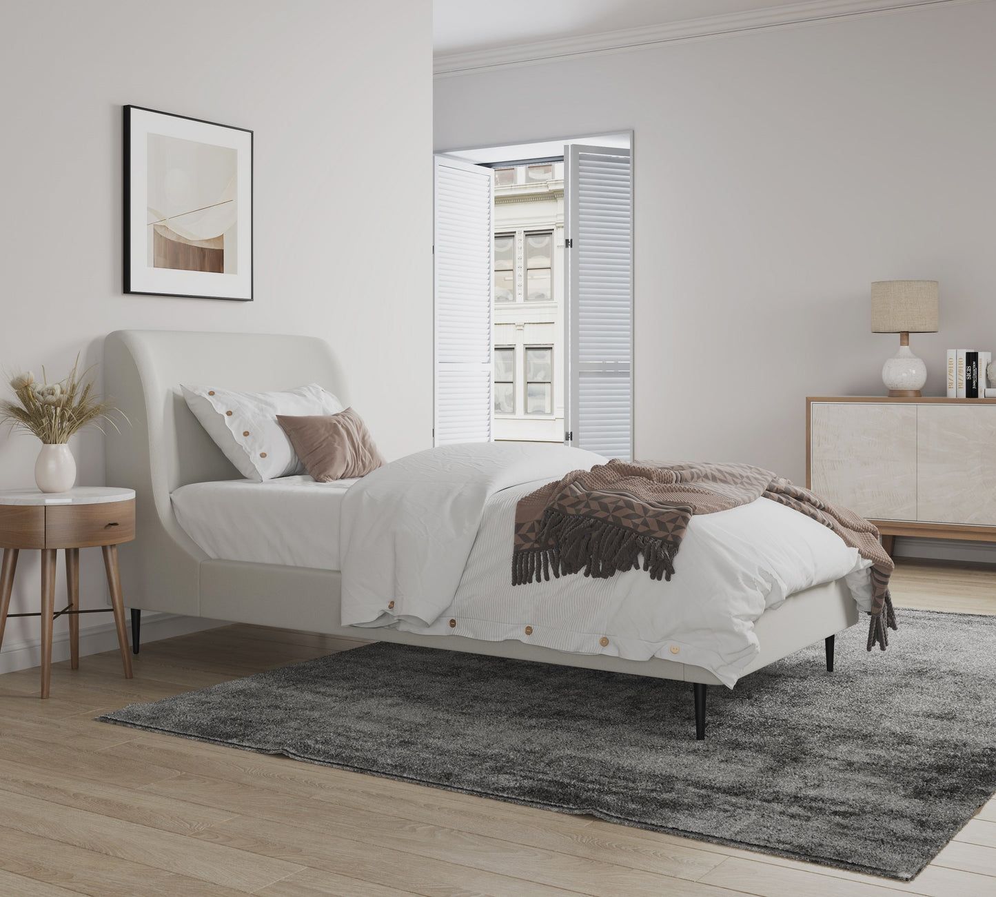 Heather Mid-Century Modern Upholstered Velvet Bed with Tapered Wood Legs and Headboard