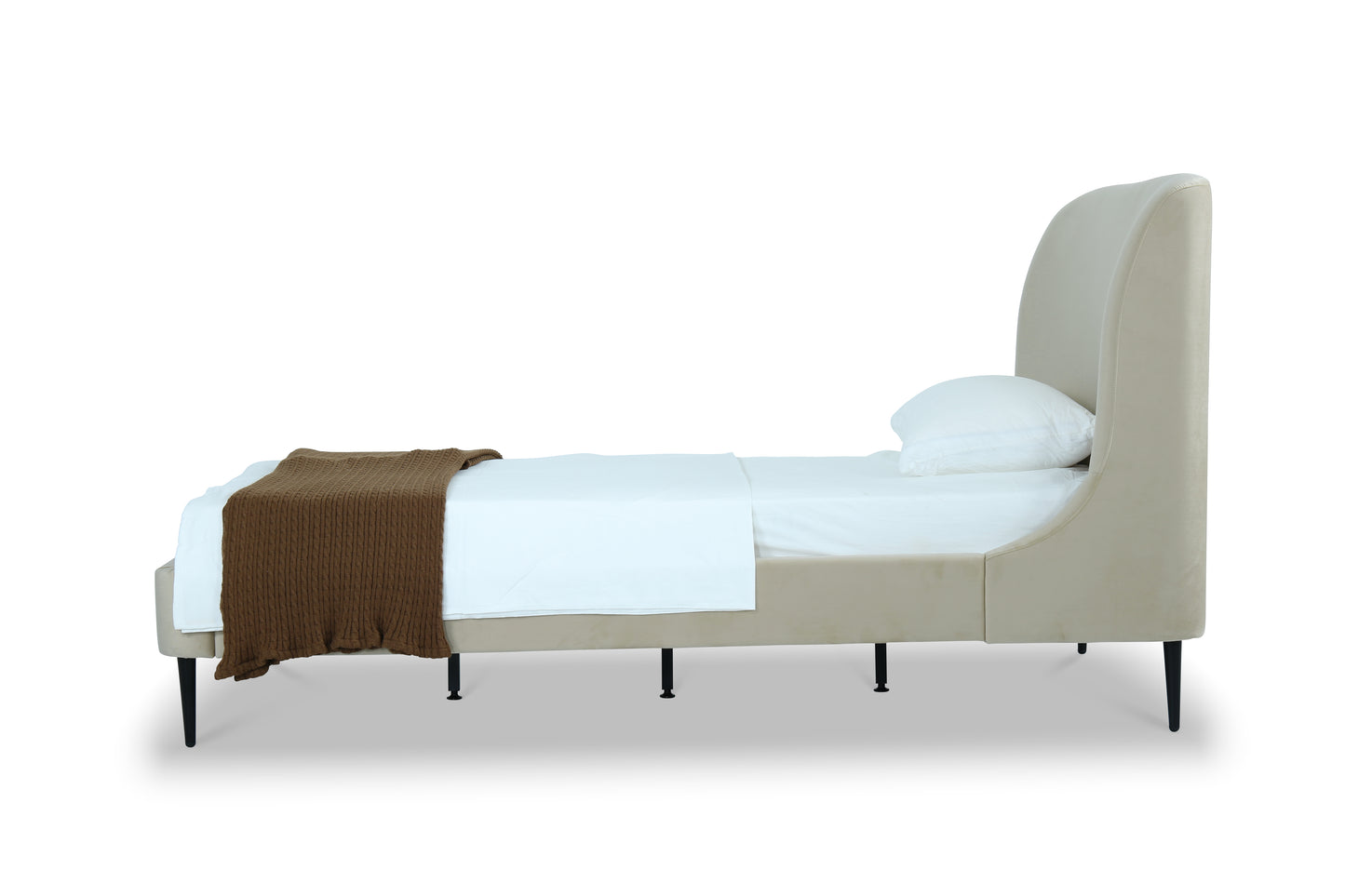 Heather Mid-Century Modern Upholstered Velvet Bed with Tapered Wood Legs and Headboard