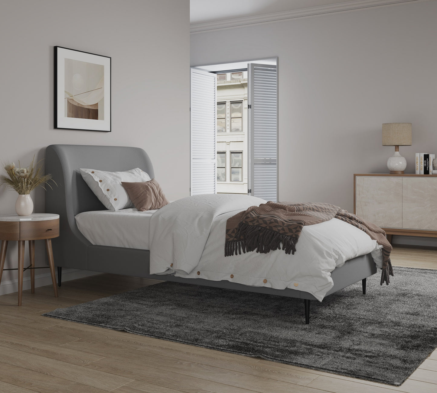 Manhattan Comfort Heather Velvet Twin Bed in Grey with Black Legs S-BD003-TW-GY