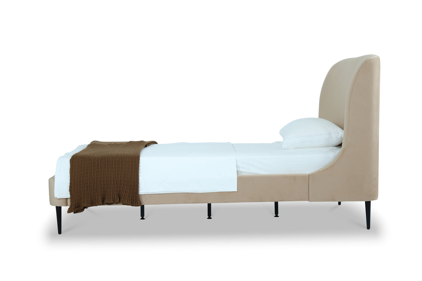 Heather Mid-Century Modern Upholstered Velvet Bed with Tapered Wood Legs and Headboard