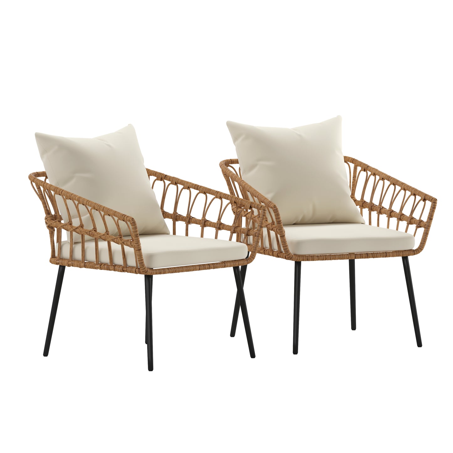 Evin Set of 2 Boho Indoor/Outdoor Rope Rattan Wicker Patio Chairs with Cream All-Weather Cushions, Natural Cream Cushions/Natural Frame