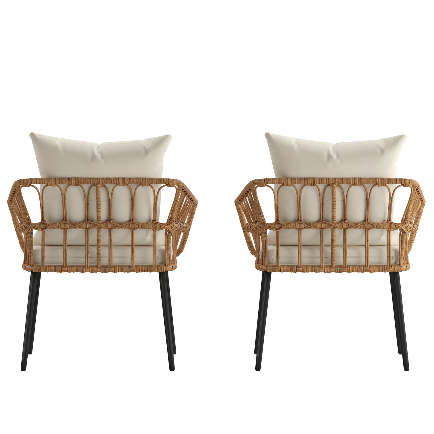 Evin Set of 2 Boho Indoor/Outdoor Rope Rattan Wicker Patio Chairs with Cream All-Weather Cushions, Natural Cream Cushions/Natural Frame