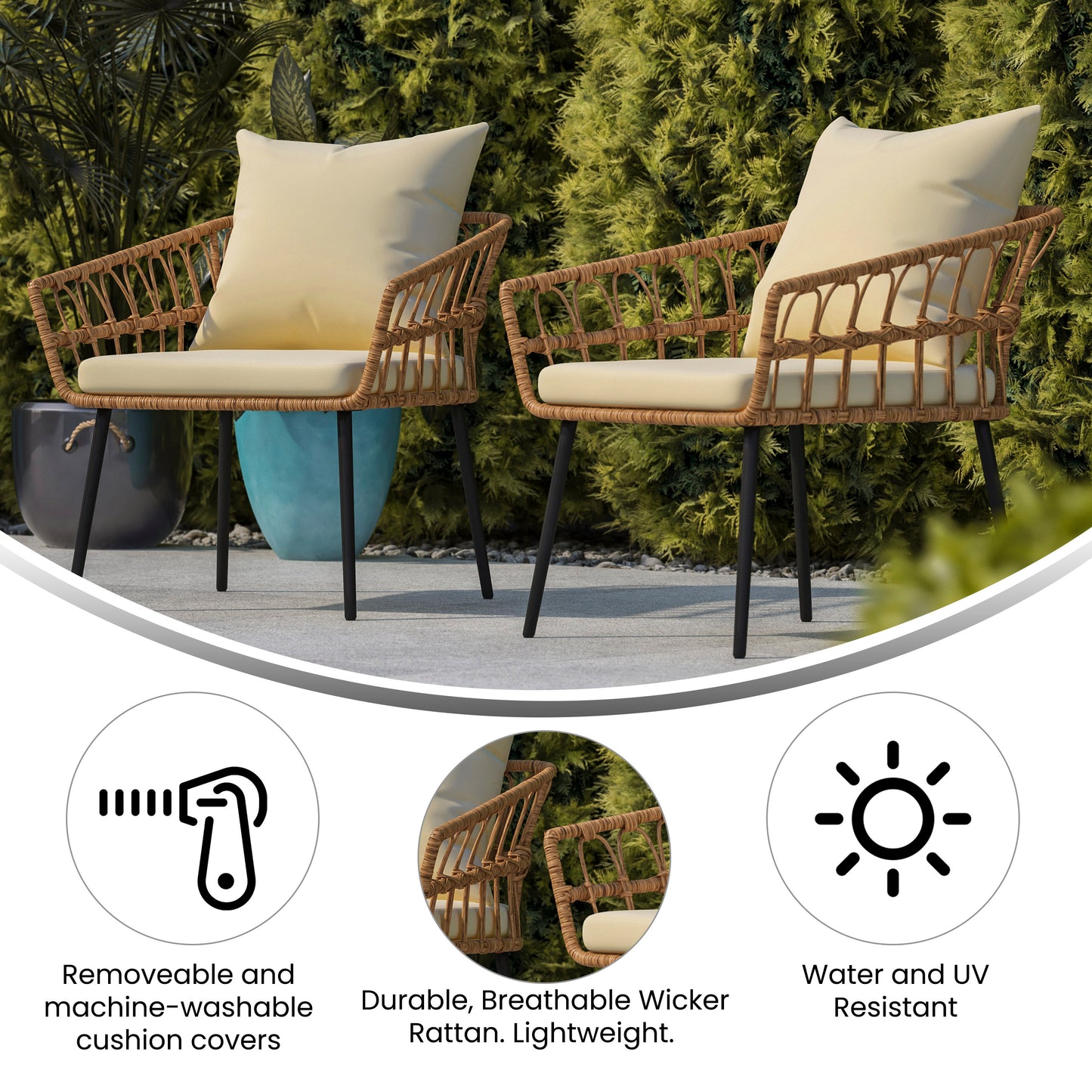 Evin Set of 2 Boho Indoor/Outdoor Rope Rattan Wicker Patio Chairs with Cream All-Weather Cushions, Natural Cream Cushions/Natural Frame