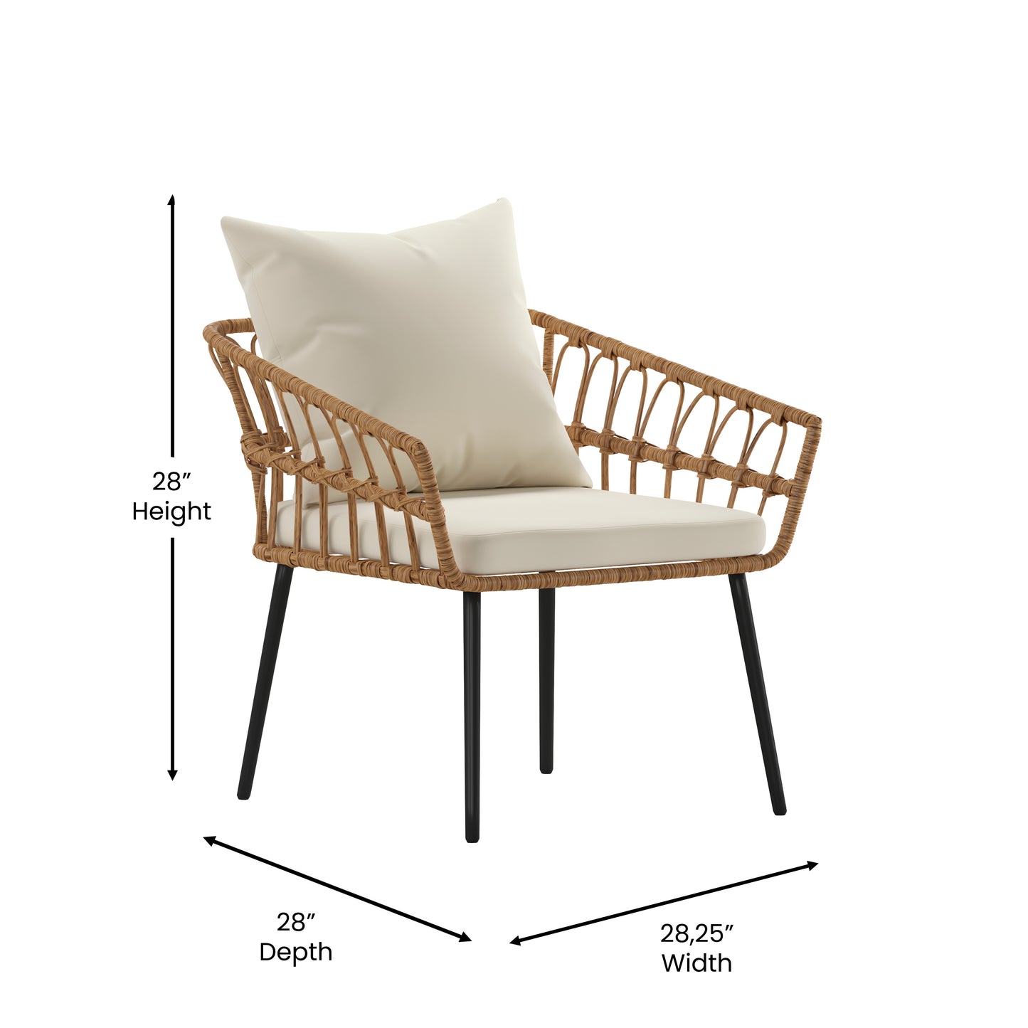 Evin Set of 2 Boho Indoor/Outdoor Rope Rattan Wicker Patio Chairs with Cream All-Weather Cushions, Natural Cream Cushions/Natural Frame