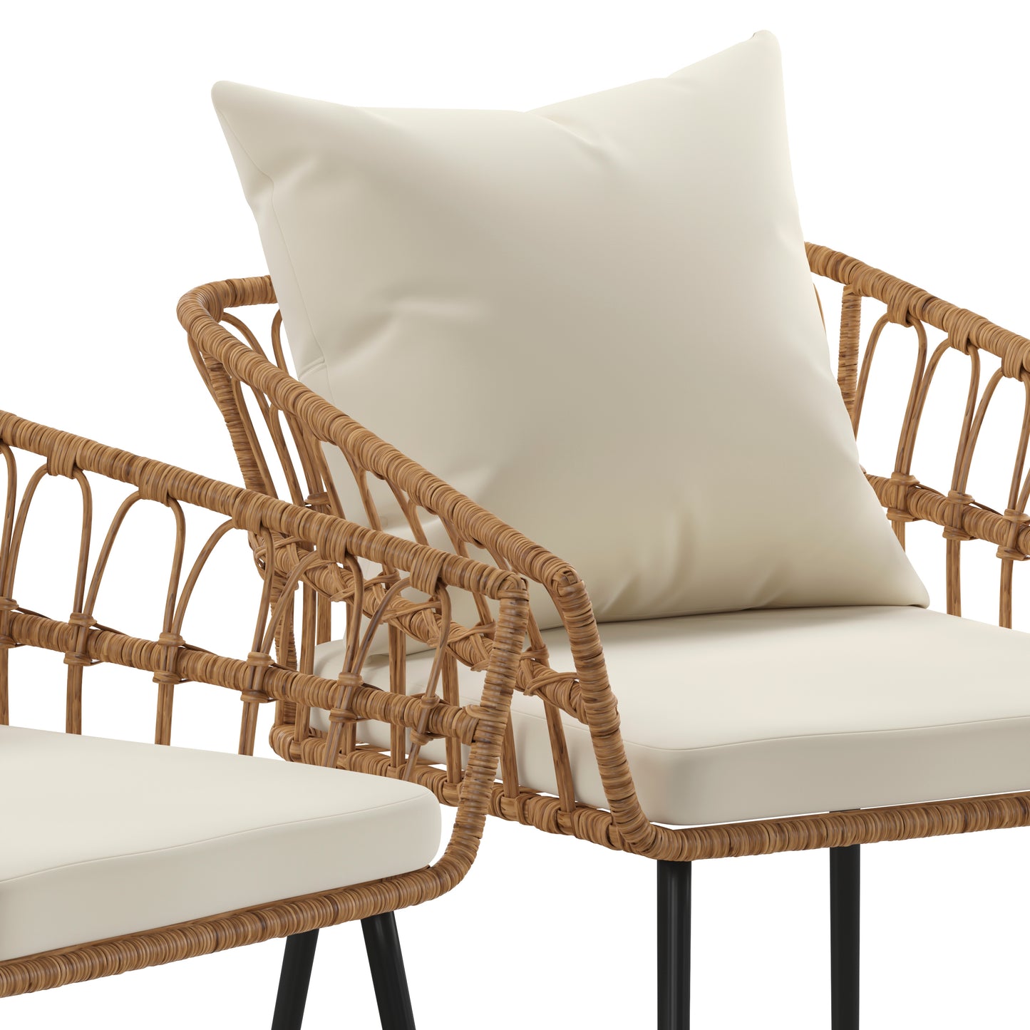 Evin Set of 2 Boho Indoor/Outdoor Rope Rattan Wicker Patio Chairs with Cream All-Weather Cushions, Natural Cream Cushions/Natural Frame