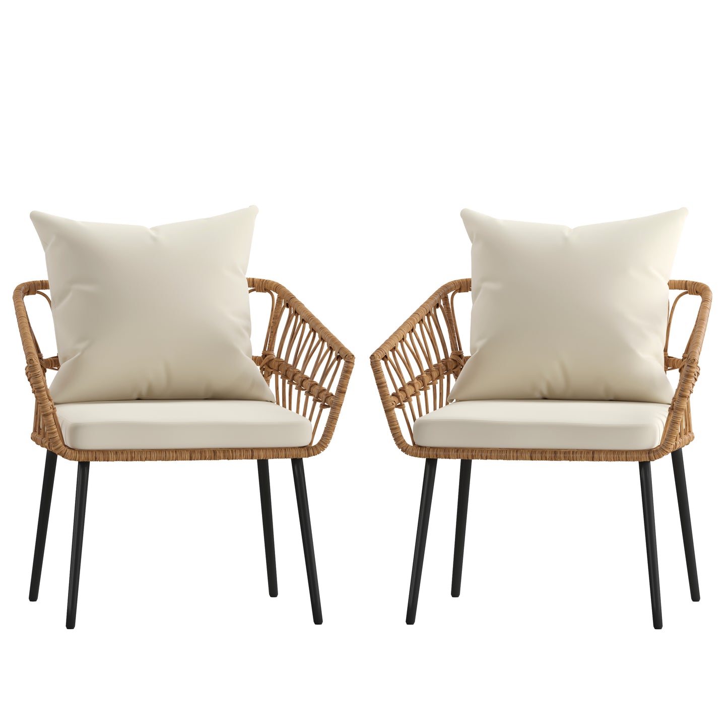 Evin Set of 2 Boho Indoor/Outdoor Rope Rattan Wicker Patio Chairs with Cream All-Weather Cushions, Natural Cream Cushions/Natural Frame