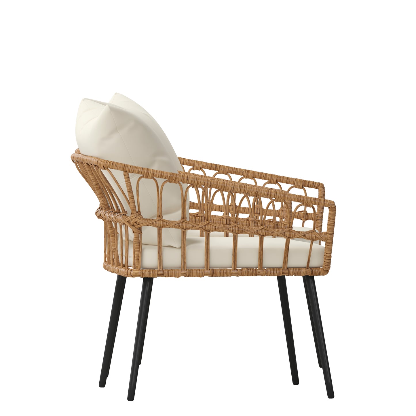 Evin Set of 2 Boho Indoor/Outdoor Rope Rattan Wicker Patio Chairs with Cream All-Weather Cushions, Natural Cream Cushions/Natural Frame