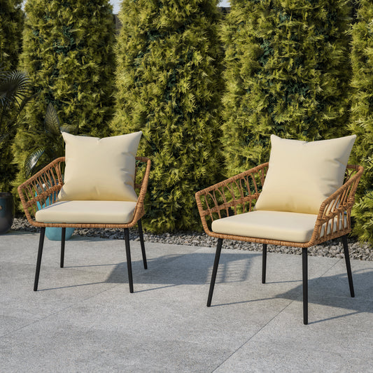 Evin Set of 2 Boho Indoor/Outdoor Rope Rattan Wicker Patio Chairs with Cream All-Weather Cushions, Natural Cream Cushions/Natural Frame