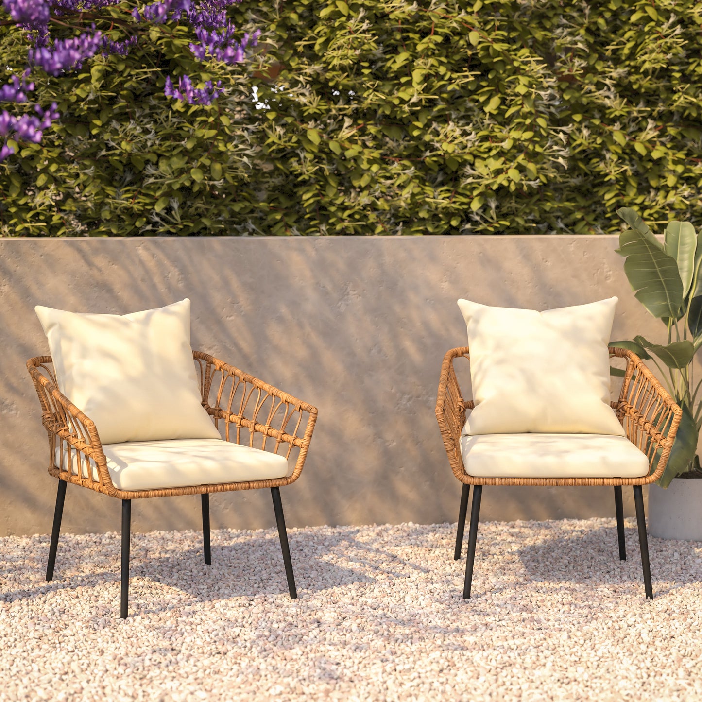 Evin Set of 2 Boho Indoor/Outdoor Rope Rattan Wicker Patio Chairs with Cream All-Weather Cushions, Natural Cream Cushions/Natural Frame