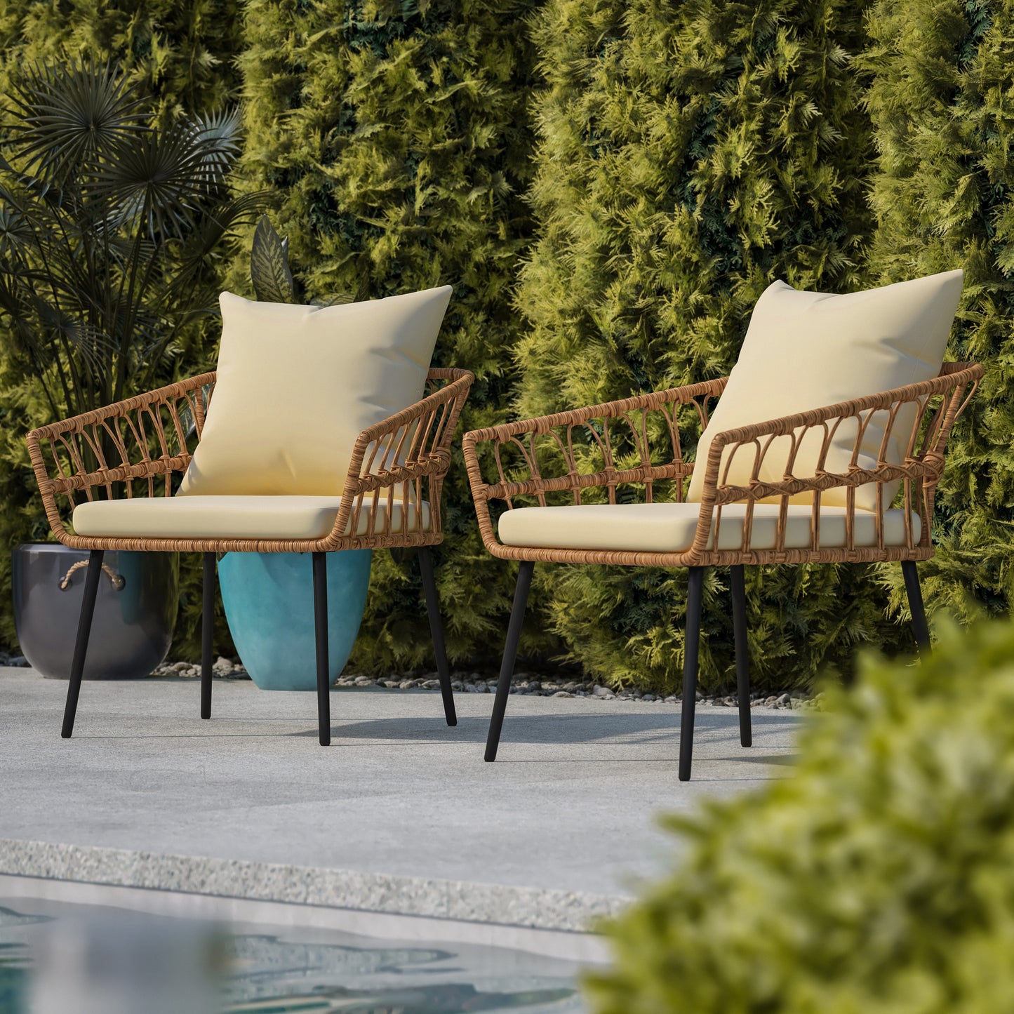 Evin Set of 2 Boho Indoor/Outdoor Rope Rattan Wicker Patio Chairs with Cream All-Weather Cushions, Natural Cream Cushions/Natural Frame