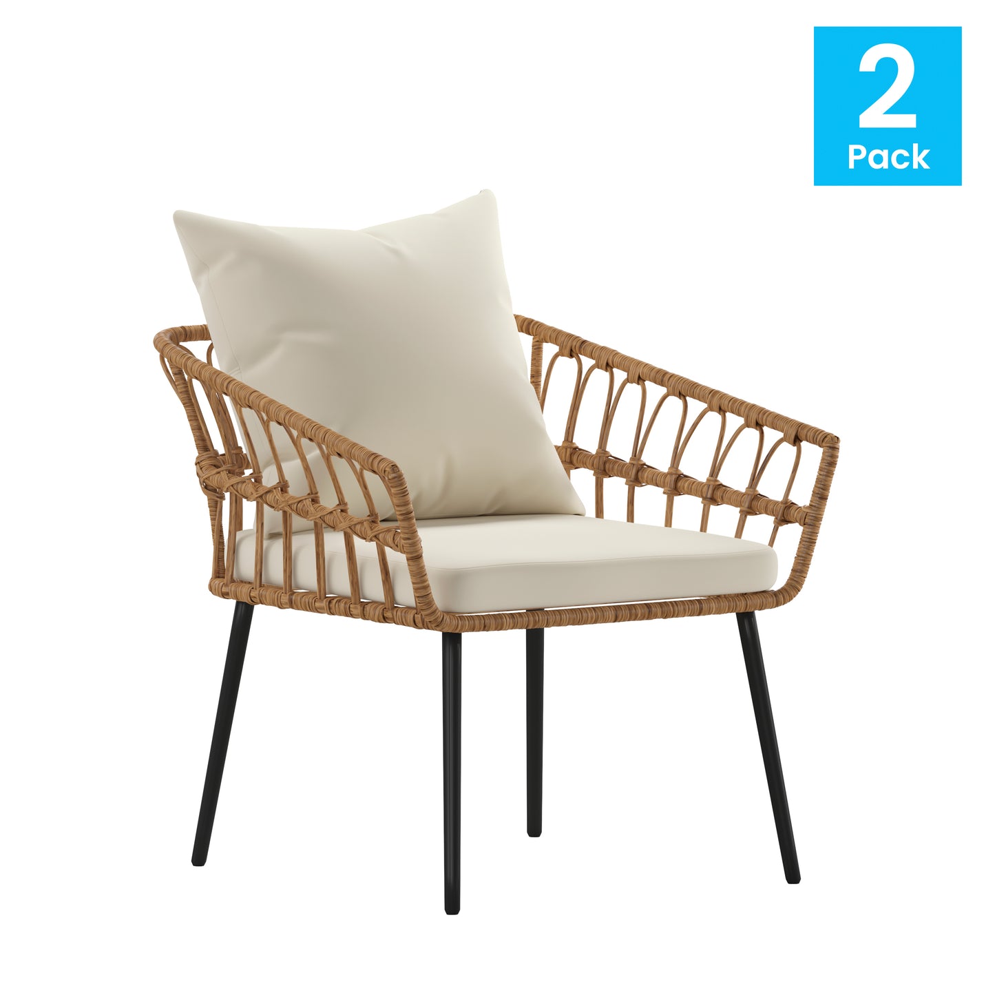 Evin Set of 2 Boho Indoor/Outdoor Rope Rattan Wicker Patio Chairs with Cream All-Weather Cushions, Natural Cream Cushions/Natural Frame