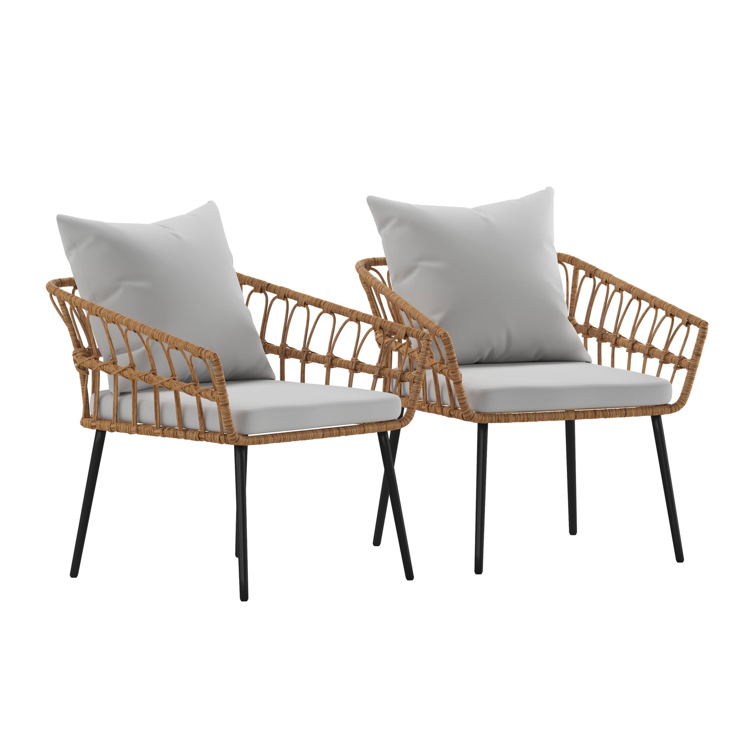 Evin Set of 2 Boho Indoor/Outdoor Rope Rattan Wicker Patio Chairs with Gray All-Weather Cushions, Natural Gray Cushions/Natural Frame