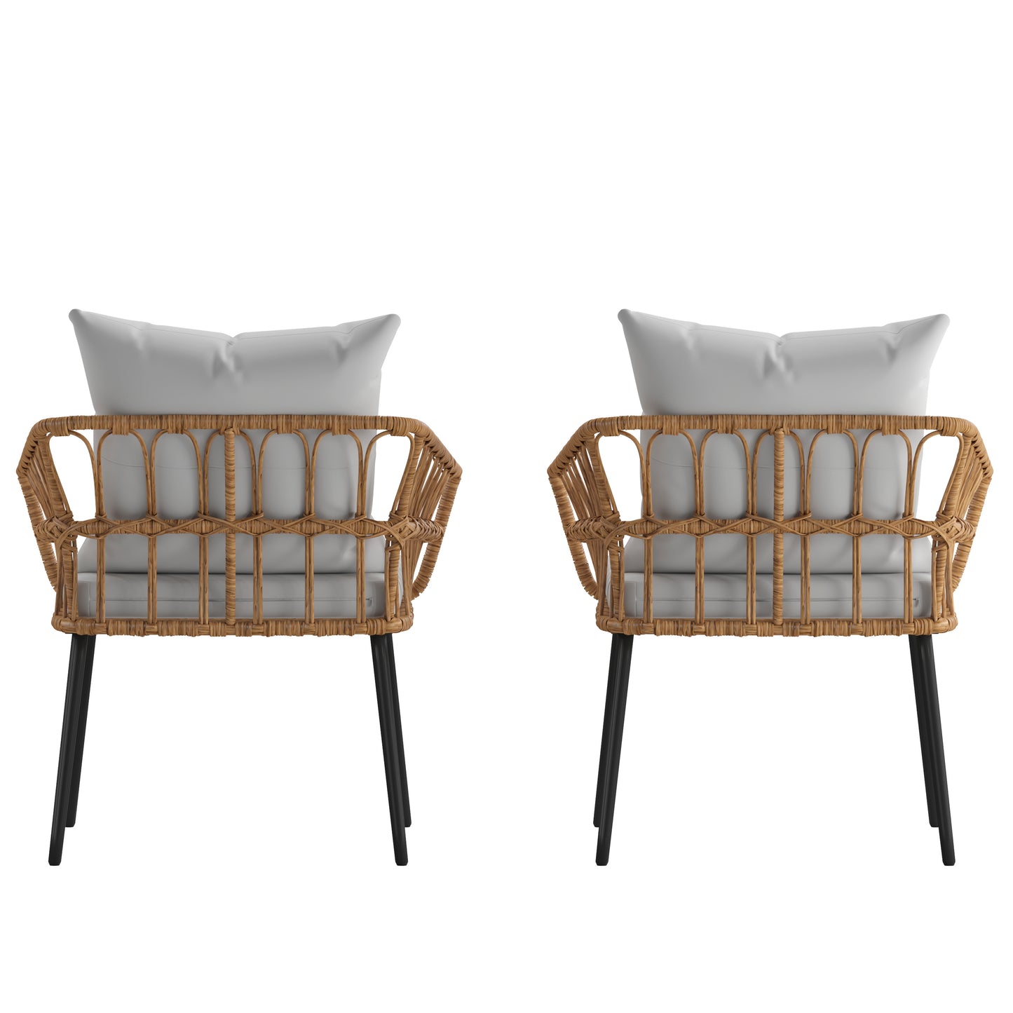 Evin Set of 2 Boho Indoor/Outdoor Rope Rattan Wicker Patio Chairs with Gray All-Weather Cushions, Natural Gray Cushions/Natural Frame