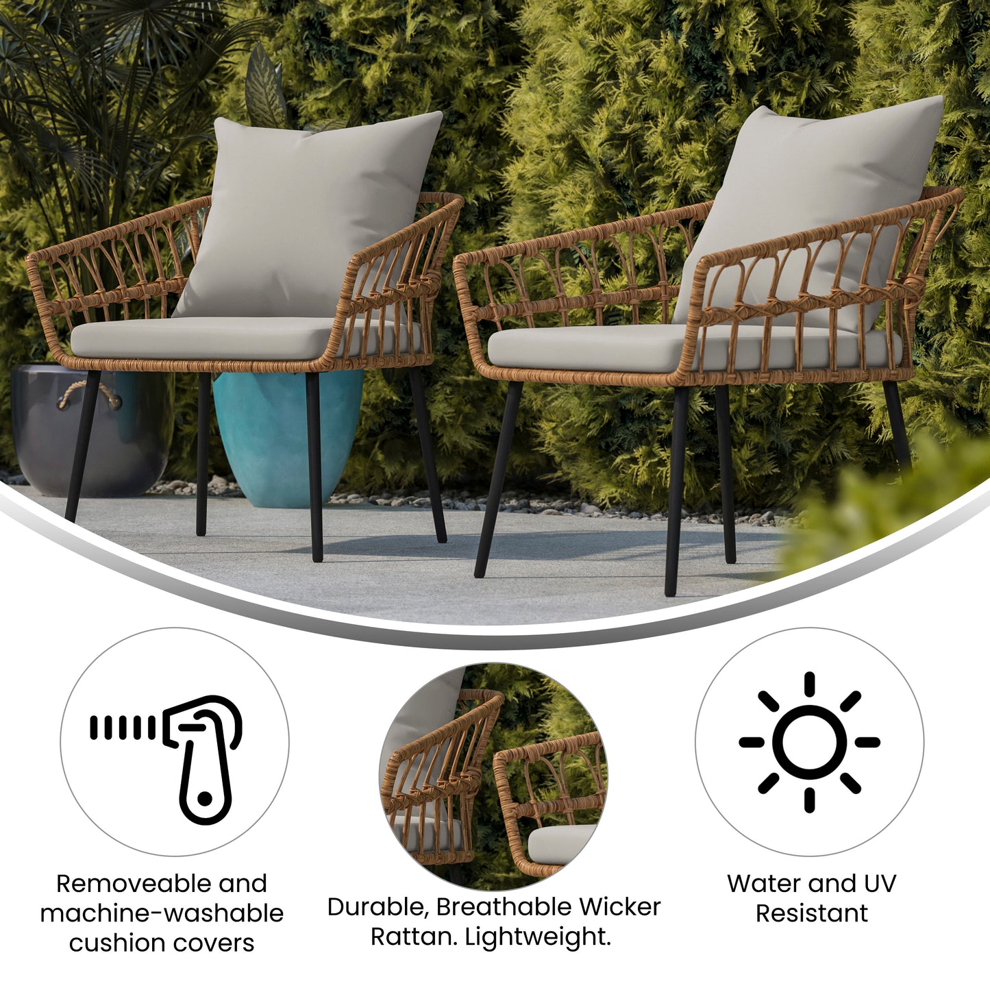 Evin Set of 2 Boho Indoor/Outdoor Rope Rattan Wicker Patio Chairs with Gray All-Weather Cushions, Natural Gray Cushions/Natural Frame
