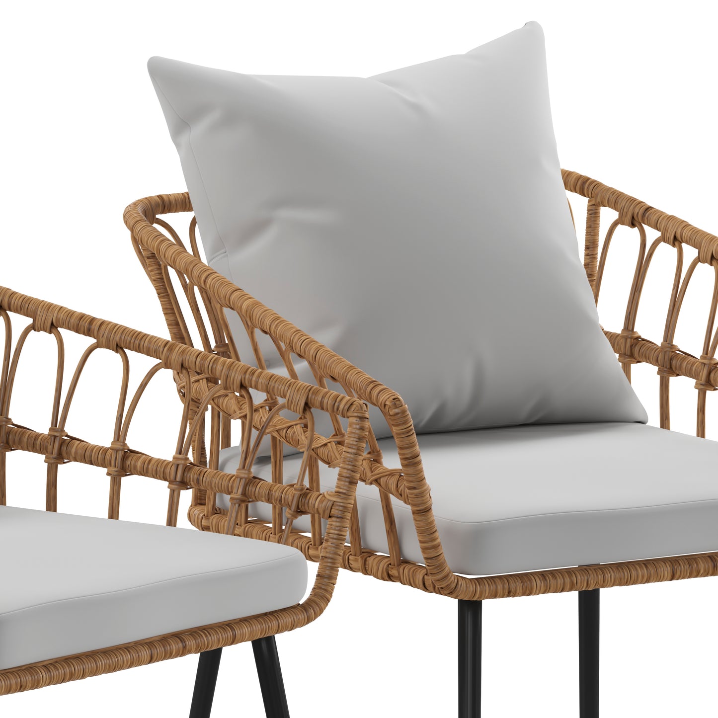Evin Set of 2 Boho Indoor/Outdoor Rope Rattan Wicker Patio Chairs with Gray All-Weather Cushions, Natural Gray Cushions/Natural Frame