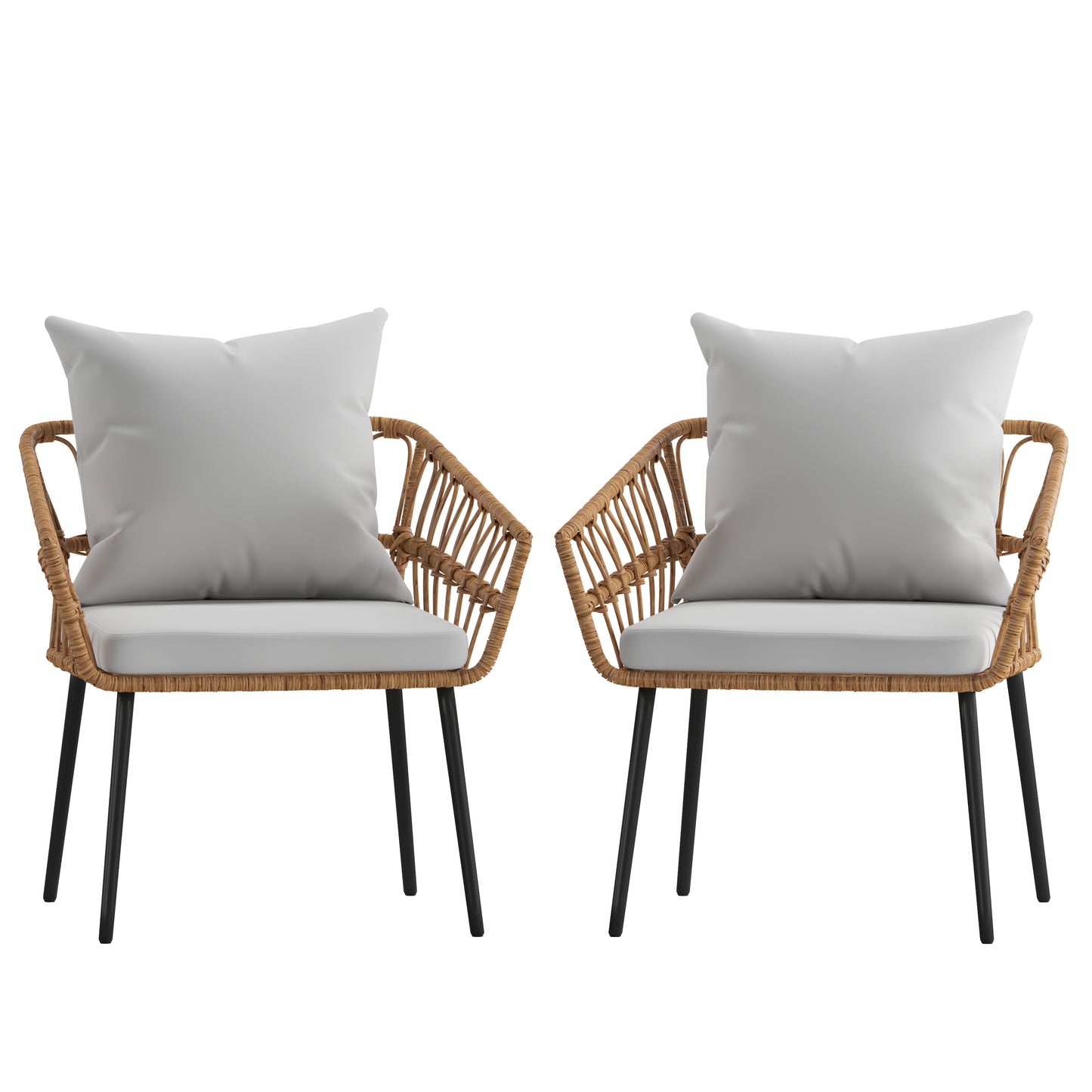 Evin Set of 2 Boho Indoor/Outdoor Rope Rattan Wicker Patio Chairs with Gray All-Weather Cushions, Natural Gray Cushions/Natural Frame
