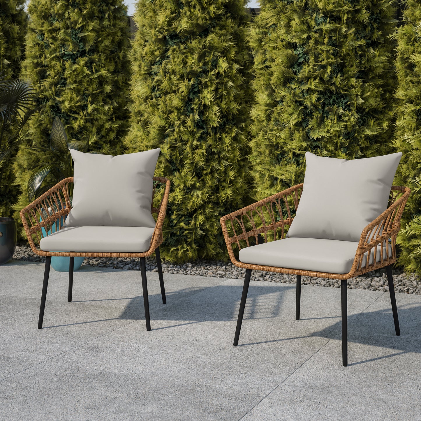 Evin Set of 2 Boho Indoor/Outdoor Rope Rattan Wicker Patio Chairs with Gray All-Weather Cushions, Natural Gray Cushions/Natural Frame