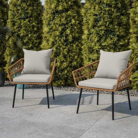 Evin Set of 2 Boho Indoor/Outdoor Rope Rattan Wicker Patio Chairs with Gray All-Weather Cushions, Natural Gray Cushions/Natural Frame