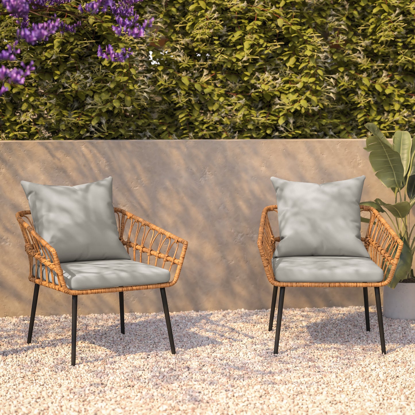 Evin Set of 2 Boho Indoor/Outdoor Rope Rattan Wicker Patio Chairs with Gray All-Weather Cushions, Natural Gray Cushions/Natural Frame