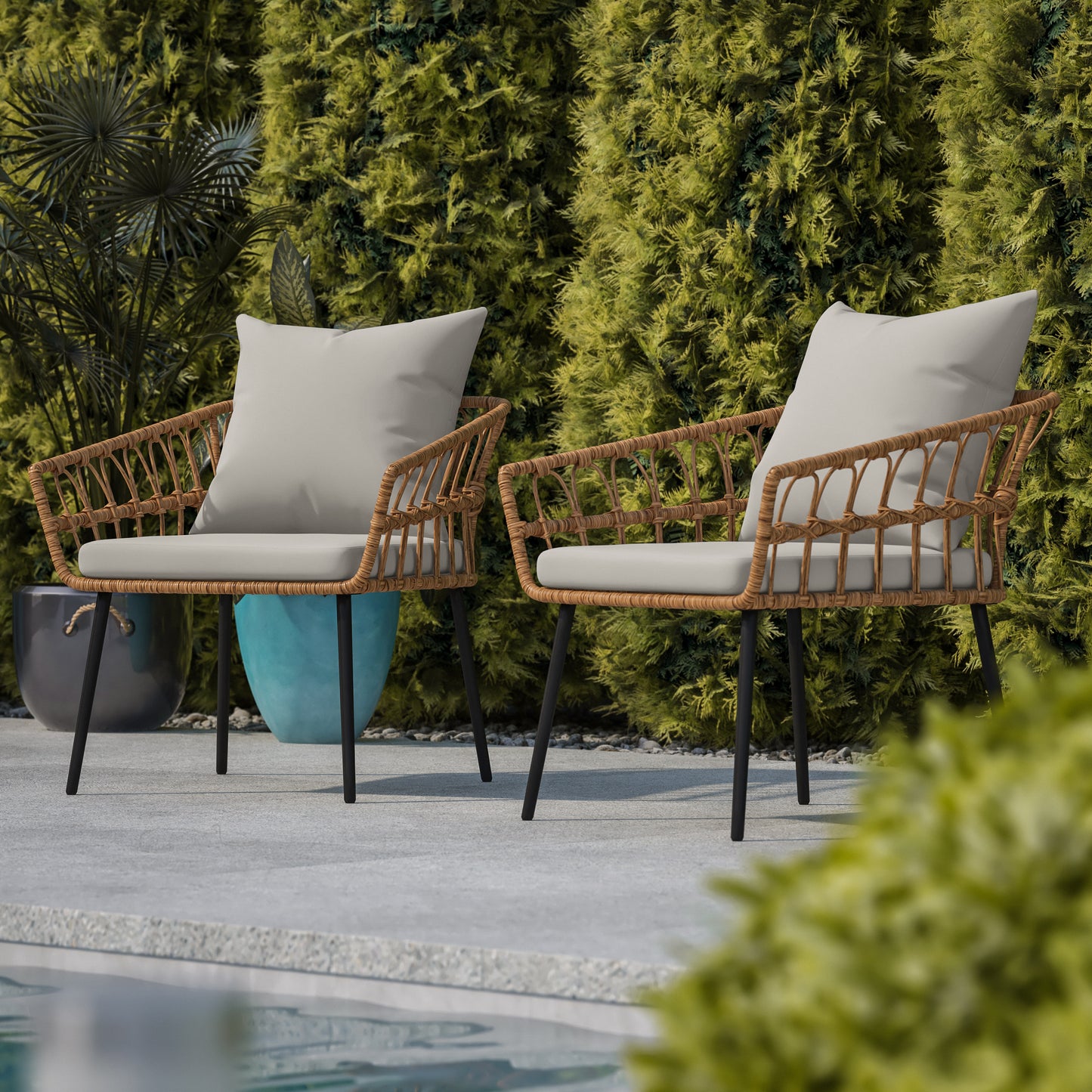 Evin Set of 2 Boho Indoor/Outdoor Rope Rattan Wicker Patio Chairs with Gray All-Weather Cushions, Natural Gray Cushions/Natural Frame