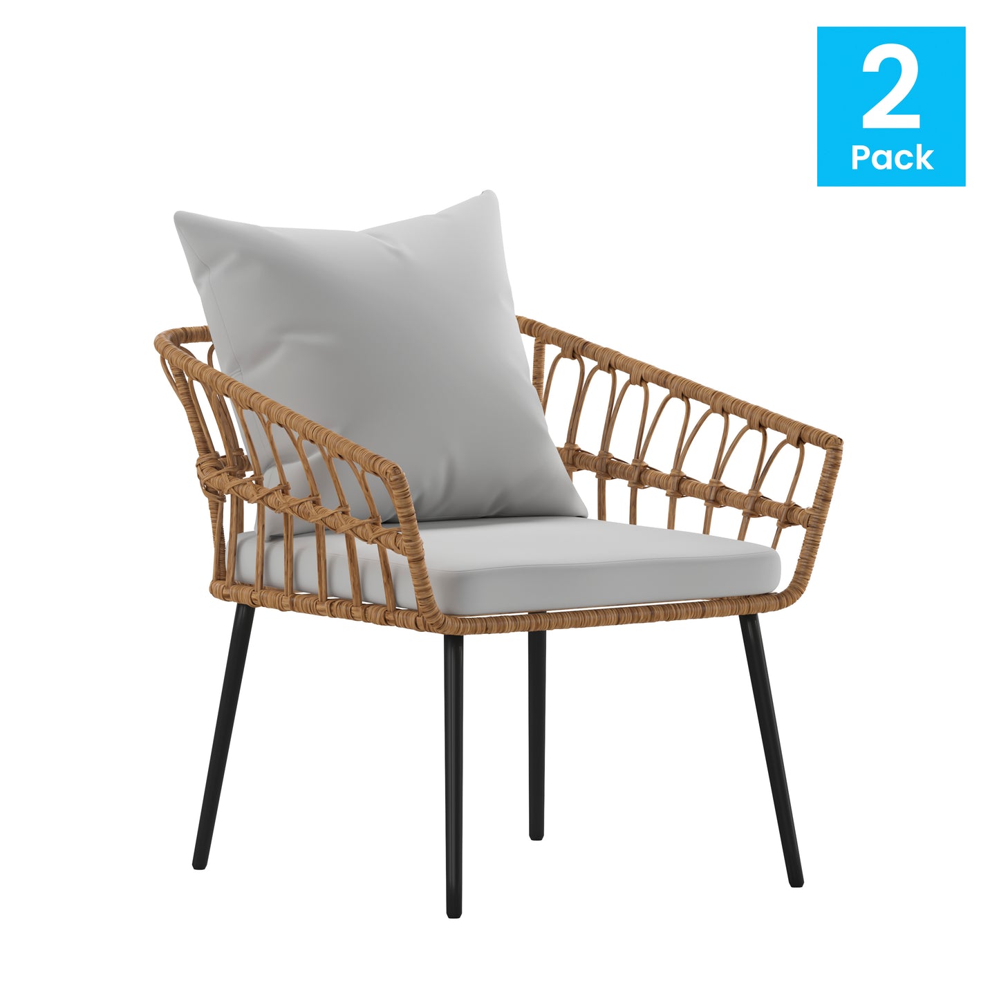 Evin Set of 2 Boho Indoor/Outdoor Rope Rattan Wicker Patio Chairs with Gray All-Weather Cushions, Natural Gray Cushions/Natural Frame