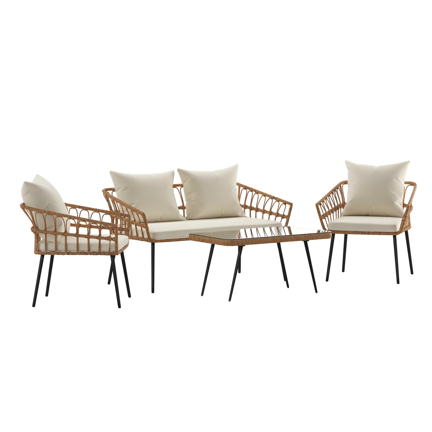 Evin Boho 4 Piece Indoor/Outdoor Rope Rattan Patio Conversation Set with Tempered Glass Top Coffee Table and Cream Cushions, Natural Cream Cushions/Natural Frame