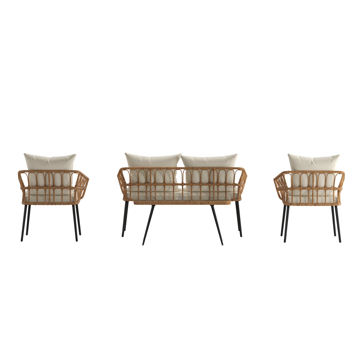 Evin Boho 4 Piece Indoor/Outdoor Rope Rattan Patio Conversation Set with Tempered Glass Top Coffee Table and Cream Cushions, Natural Cream Cushions/Natural Frame
