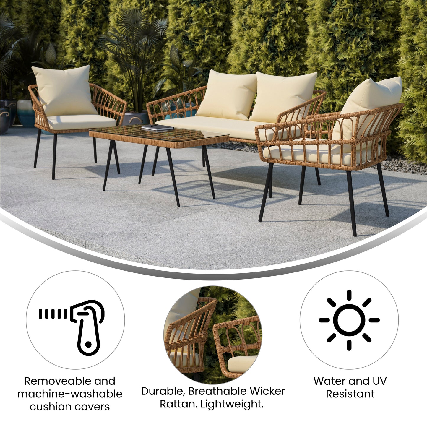 Evin Boho 4 Piece Indoor/Outdoor Rope Rattan Patio Conversation Set with Tempered Glass Top Coffee Table and Cream Cushions, Natural Cream Cushions/Natural Frame