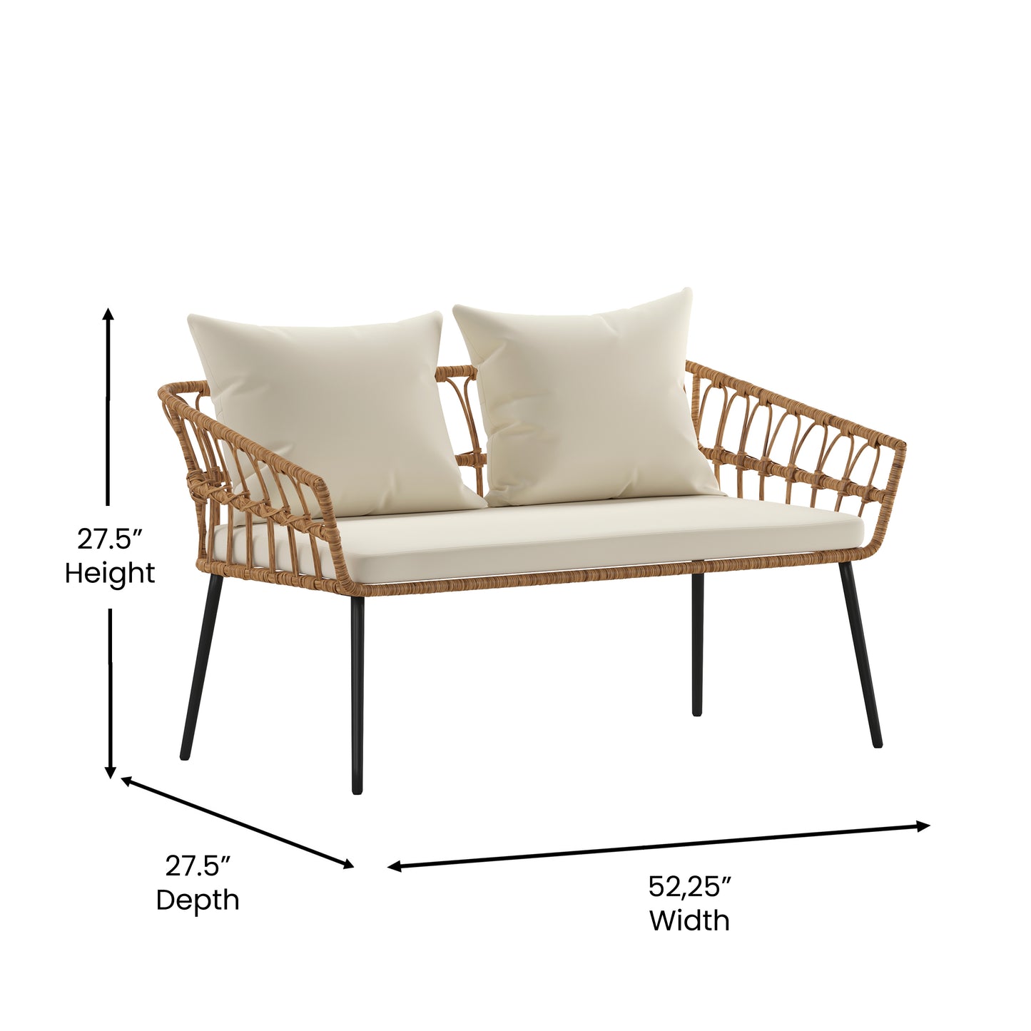 Evin Boho 4 Piece Indoor/Outdoor Rope Rattan Patio Conversation Set with Tempered Glass Top Coffee Table and Cream Cushions, Natural Cream Cushions/Natural Frame