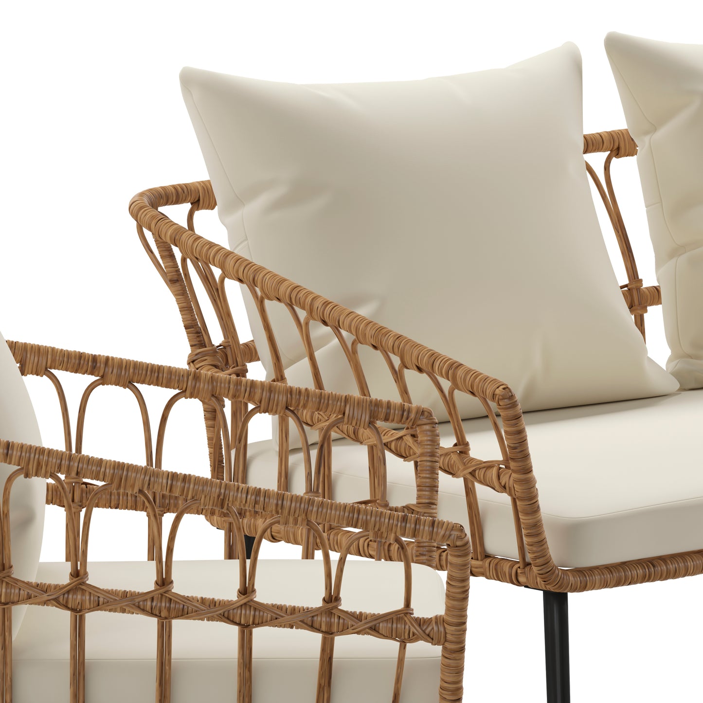 Evin Boho 4 Piece Indoor/Outdoor Rope Rattan Patio Conversation Set with Tempered Glass Top Coffee Table and Cream Cushions, Natural Cream Cushions/Natural Frame