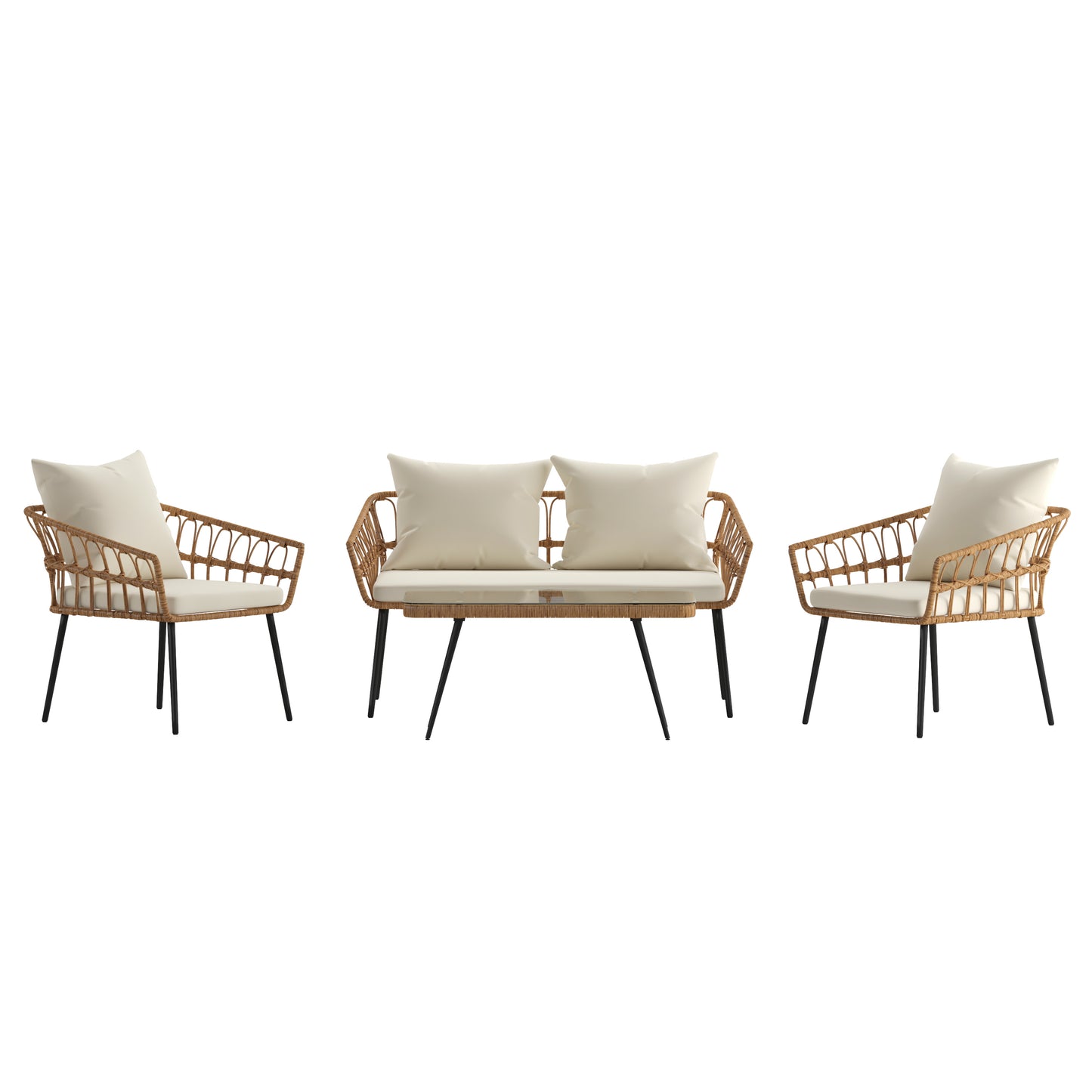Evin Boho 4 Piece Indoor/Outdoor Rope Rattan Patio Conversation Set with Tempered Glass Top Coffee Table and Cream Cushions, Natural Cream Cushions/Natural Frame