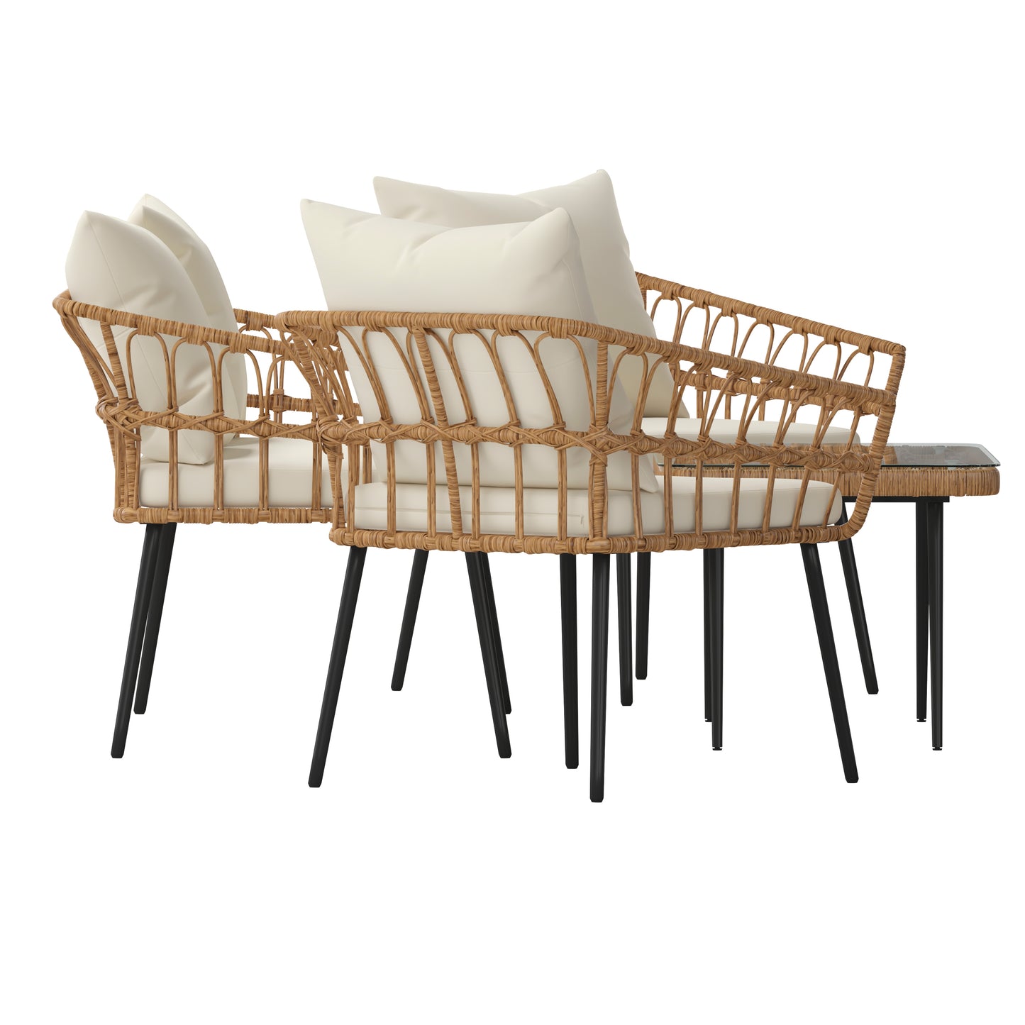 Evin Boho 4 Piece Indoor/Outdoor Rope Rattan Patio Conversation Set with Tempered Glass Top Coffee Table and Cream Cushions, Natural Cream Cushions/Natural Frame
